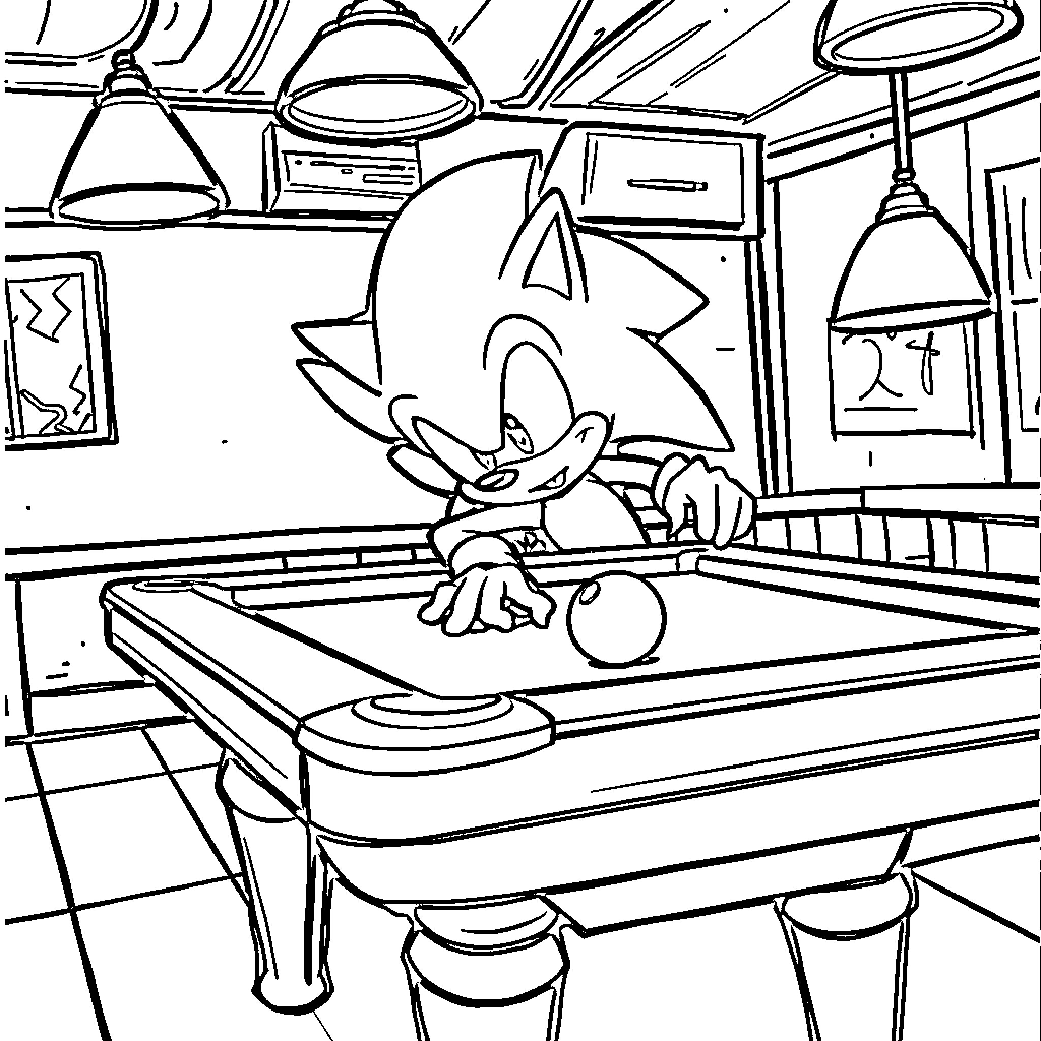 Sonic playing a game on a pool table Coloring Page (free black-and-white line drawing printable PDF for all, from beginners to advanced learners, including children, teens, adults, and seniors)