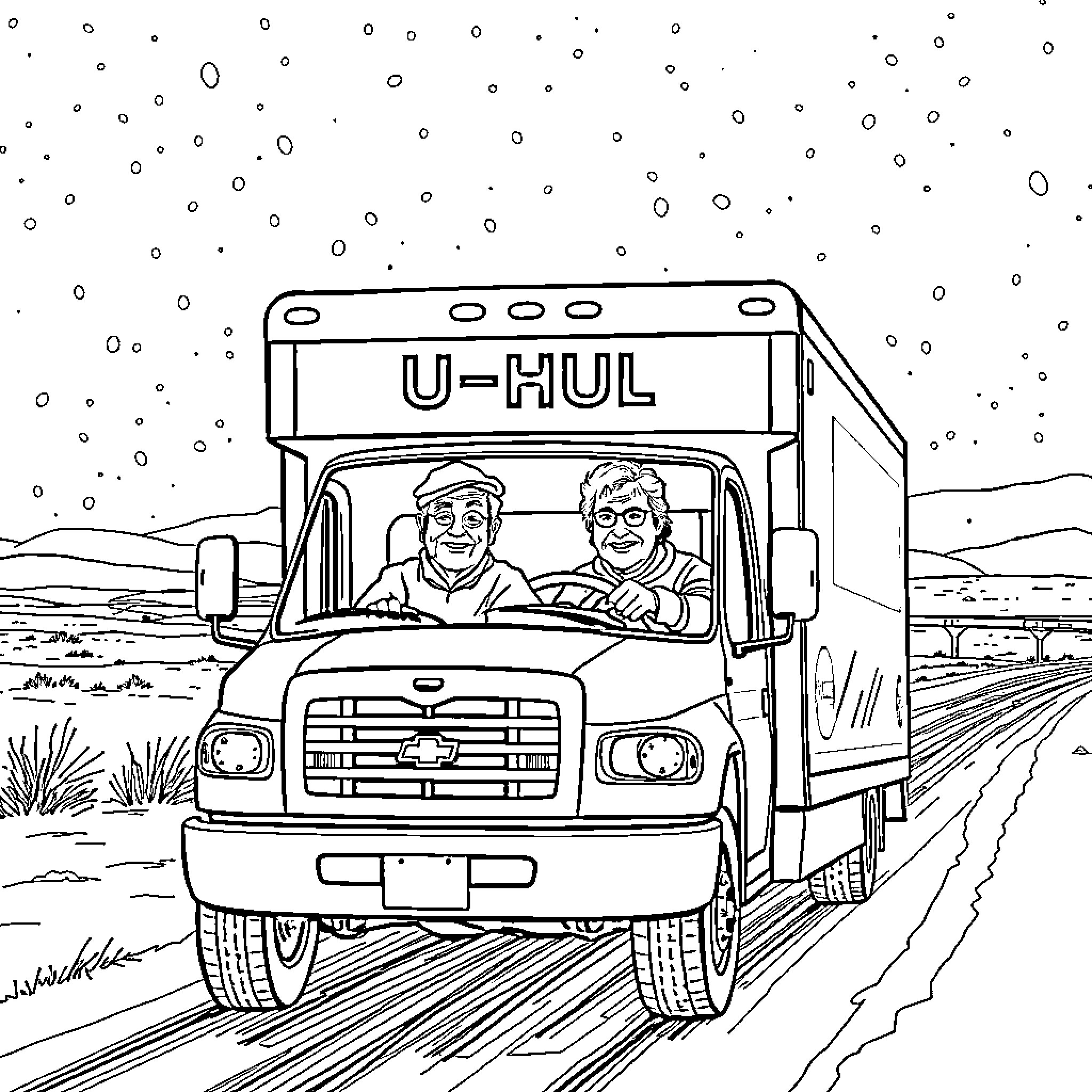 U-Haul truck on the road with two people Coloring Page (free black-and-white line drawing printable PDF for all, from beginners to advanced learners, including children, teens, adults, and seniors)