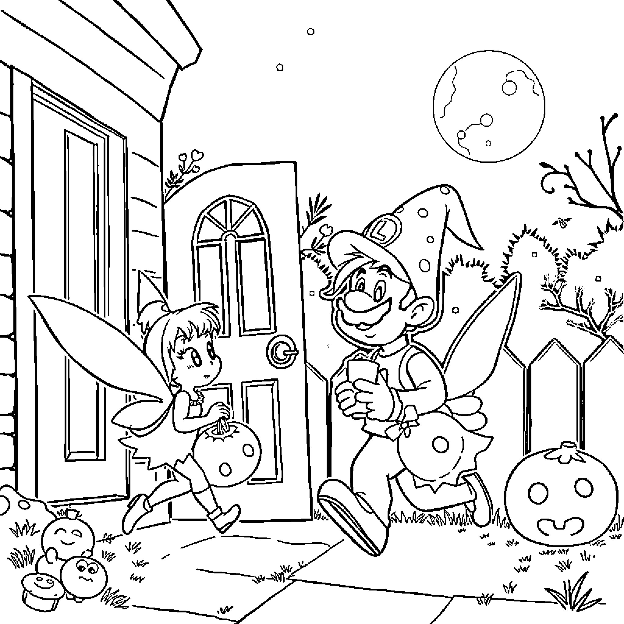 Tinkerbell and Gnome Trick-or-Treating in Autumn Coloring Page (free black-and-white line drawing printable PDF for all, from beginners to advanced learners, including children, teens, adults, and seniors)
