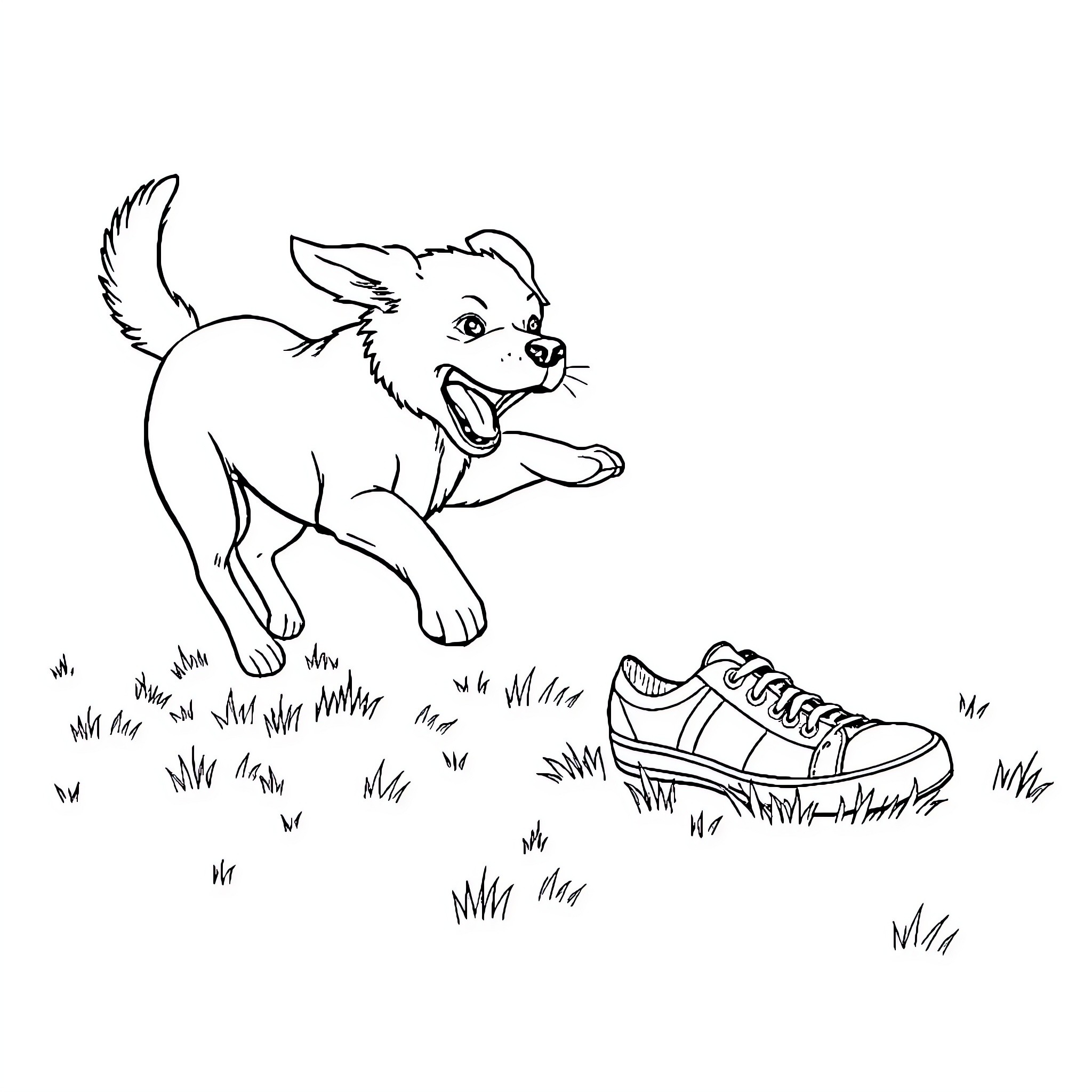 Dog playing joyfully with sneaker in the grass Coloring Page (free black-and-white line drawing printable PDF for all, from beginners to advanced learners, including children, teens, adults, and seniors)