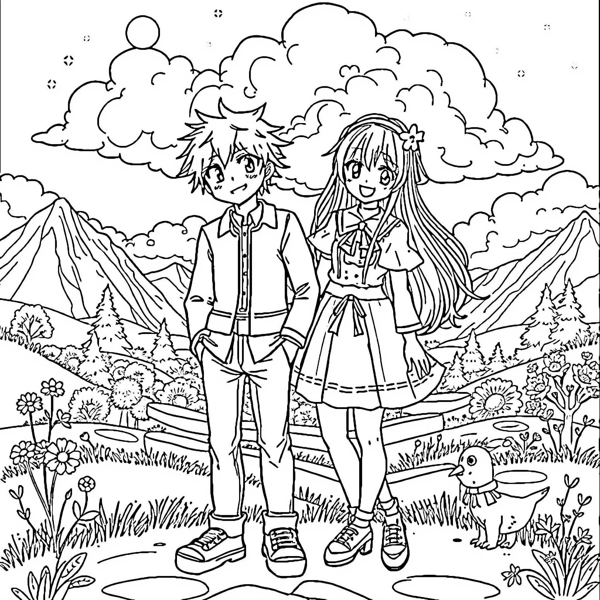 Touya Mochizuki and friend explore the scenic mountain landscape Coloring Page (free black-and-white line drawing printable PDF for all, from beginners to advanced learners, including children, teens, adults, and seniors)