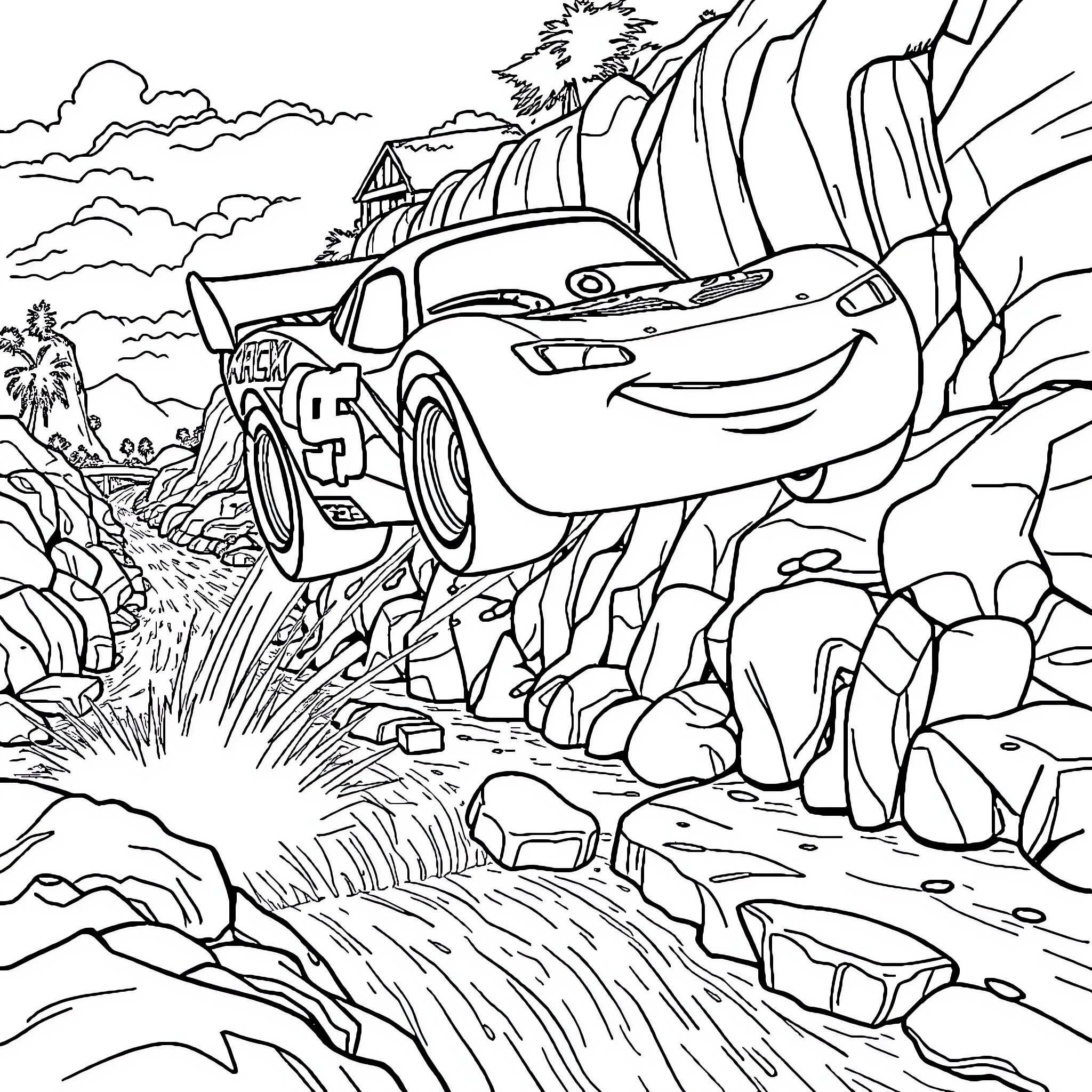 Lightning McQueen racing through a rugged mountain landscape Coloring Page (free black-and-white line drawing printable PDF for all, from beginners to advanced learners, including children, teens, adults, and seniors)