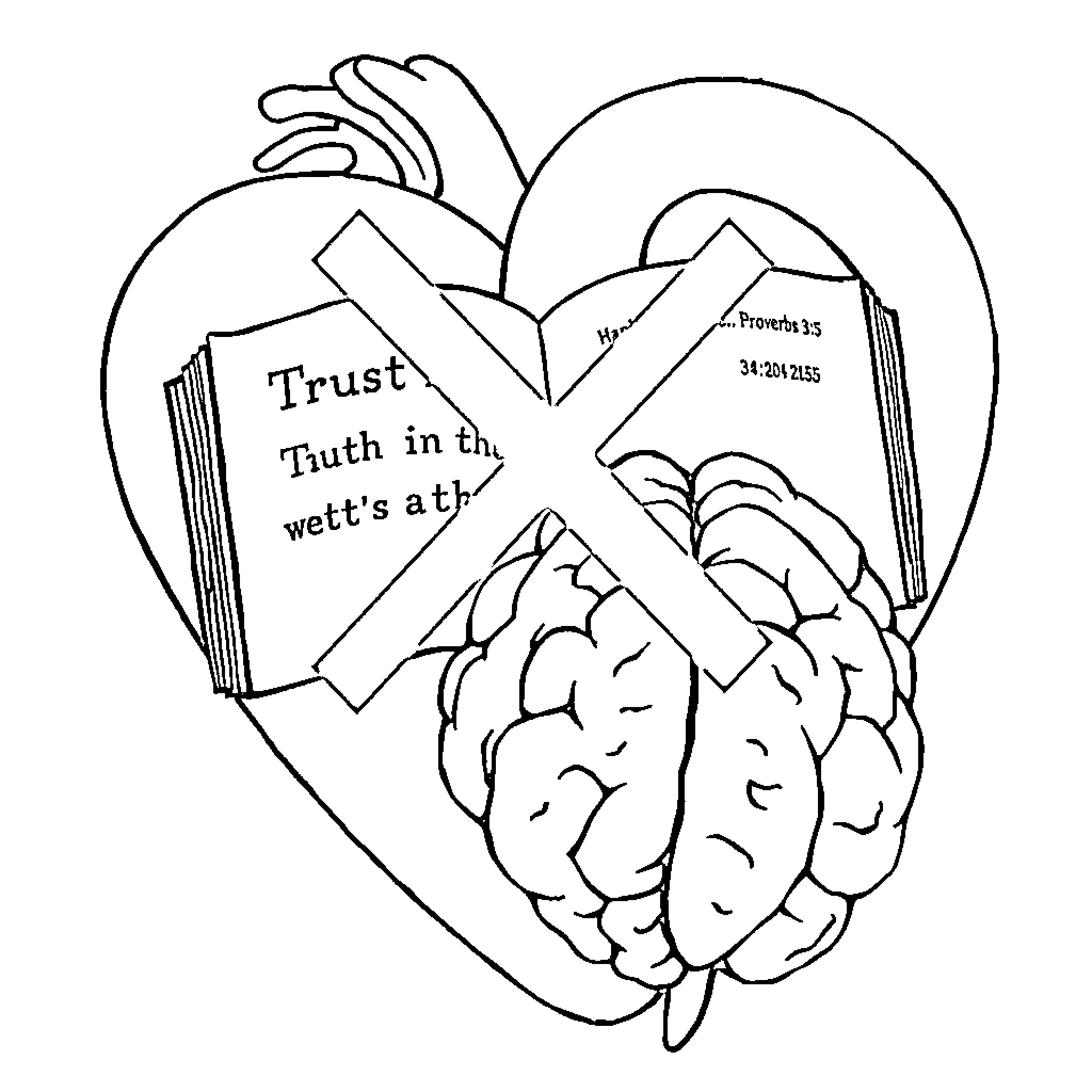 Heart of Wisdom and Faith Coloring Page (free black-and-white line drawing printable PDF for all, from beginners to advanced learners, including children, teens, adults, and seniors)
