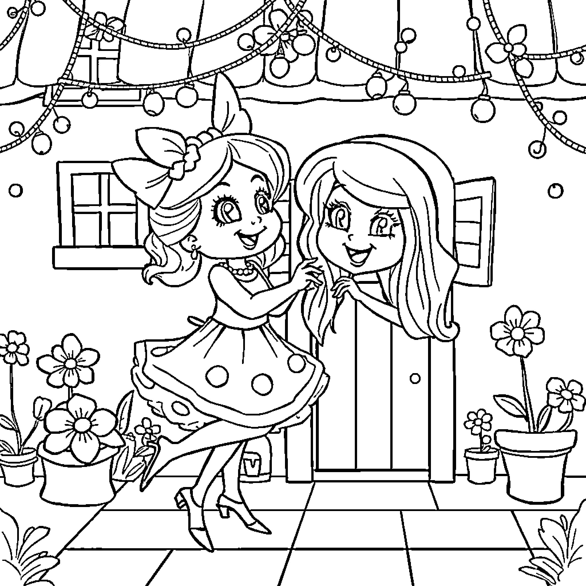 Ladybug friends enjoying a festive celebration Coloring Page (free black-and-white line drawing printable PDF for all, from beginners to advanced learners, including children, teens, adults, and seniors)