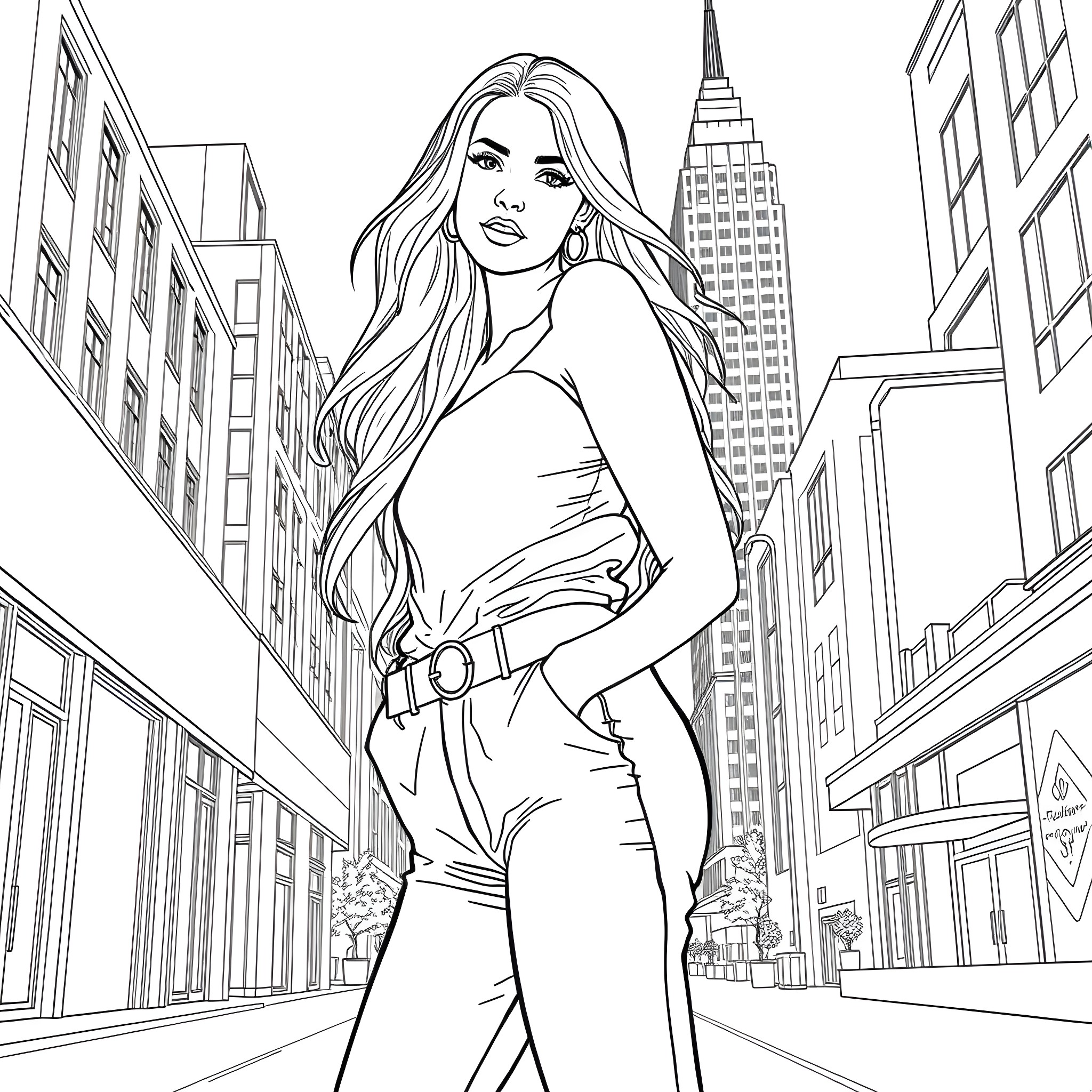 Sydney Sweeney posing confidently in the city Coloring Page (free black-and-white line drawing printable PDF for all, from beginners to advanced learners, including children, teens, adults, and seniors)