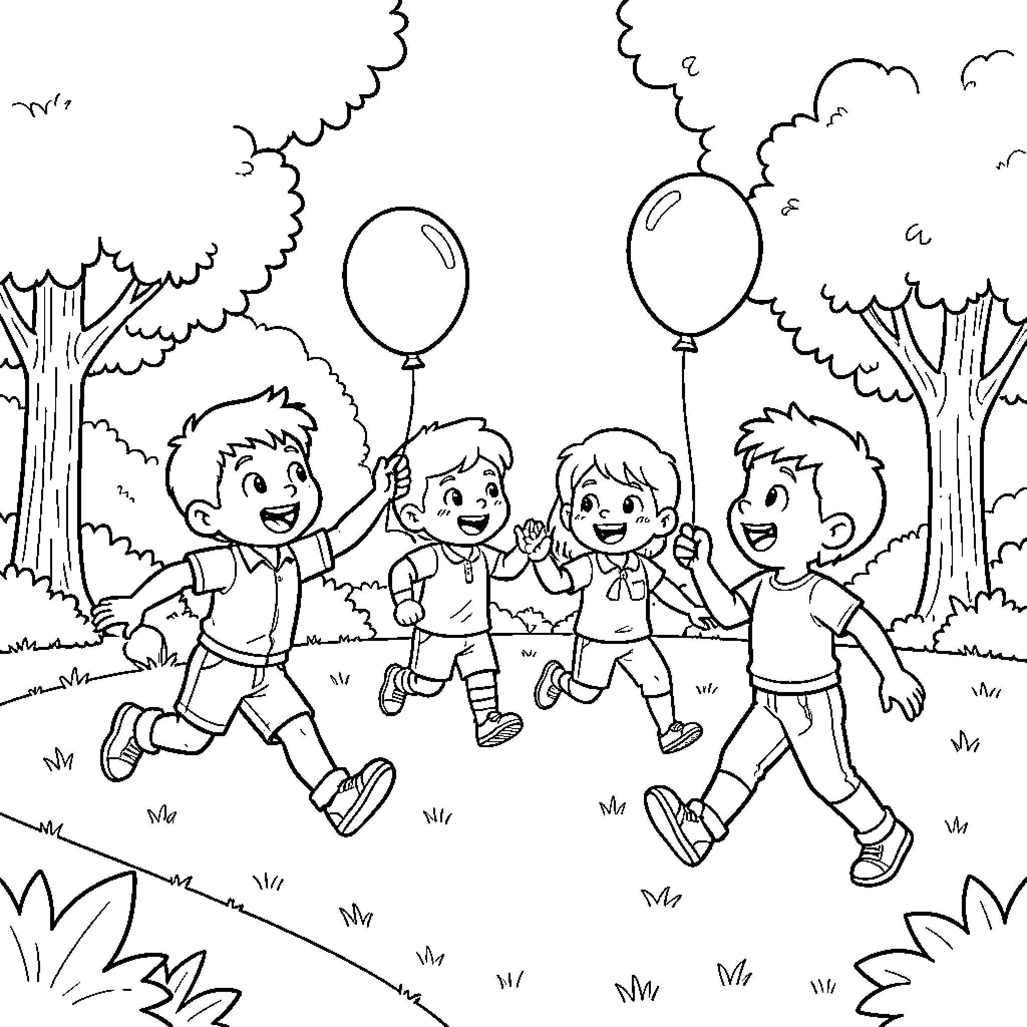 Pat Patrol children running and playing with balloons Coloring Page (free black-and-white line drawing printable PDF for all, from beginners to advanced learners, including children, teens, adults, and seniors)