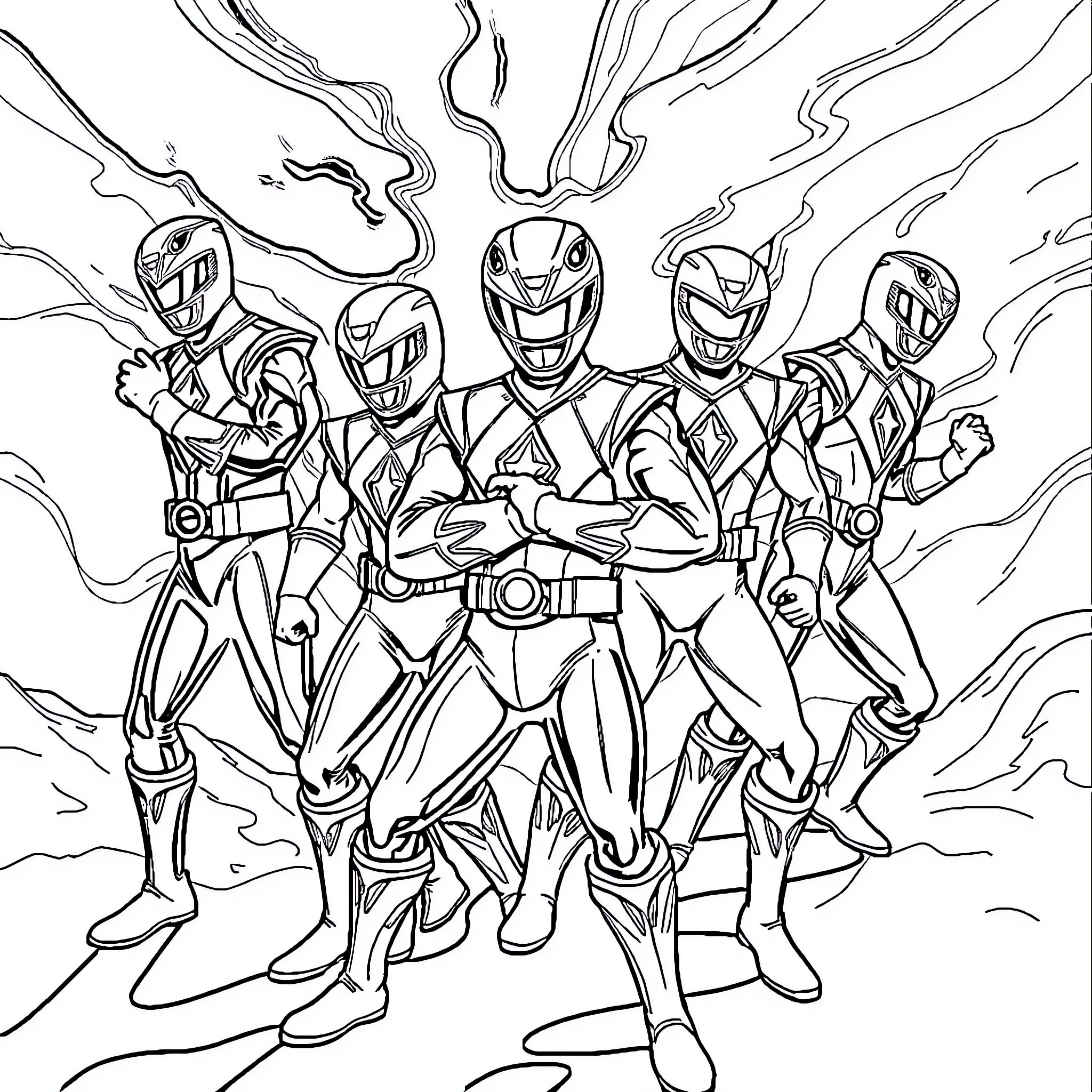 Power Rangers in Action Posing Together Coloring Page (free black-and-white line drawing printable PDF for all, from beginners to advanced learners, including children, teens, adults, and seniors)