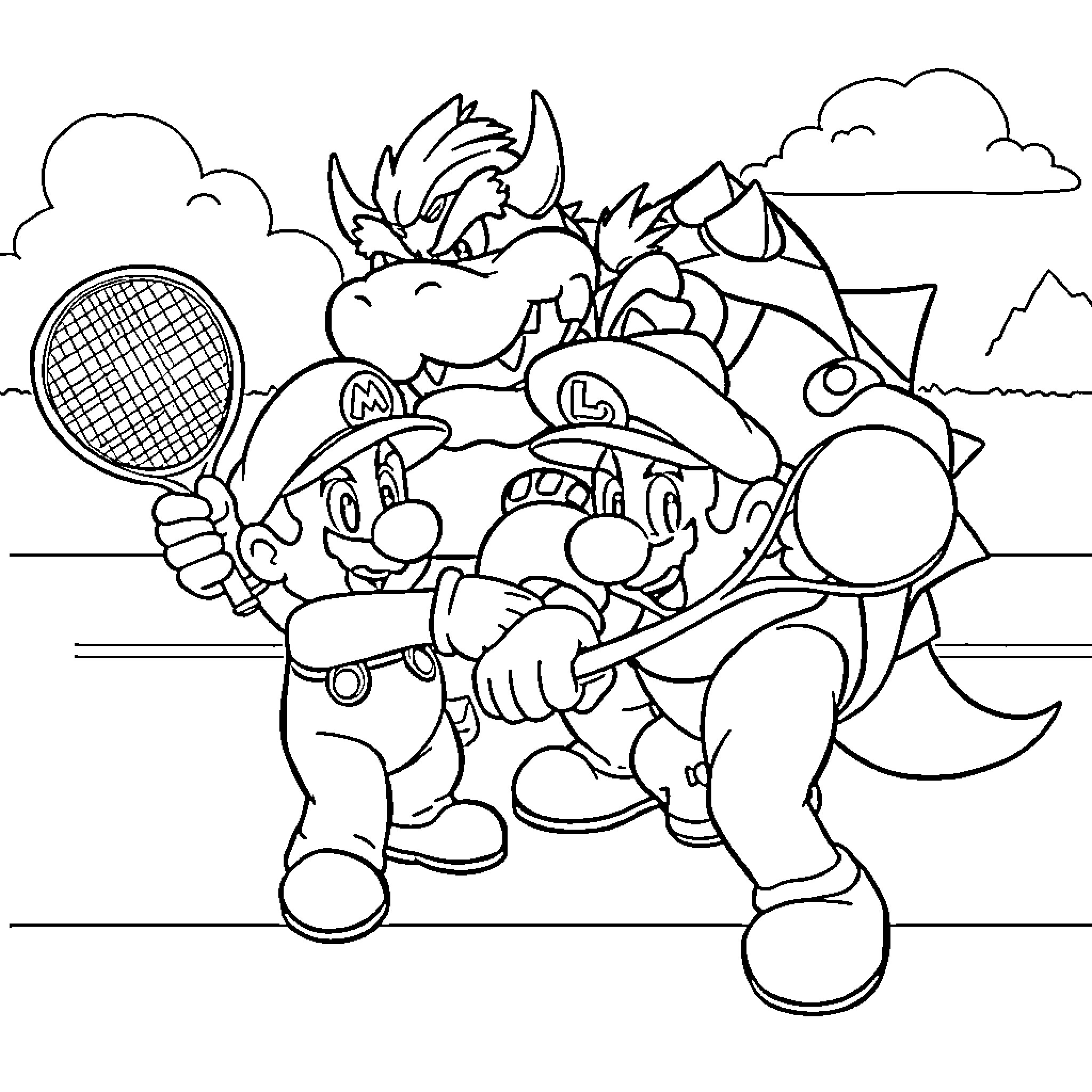 Mario and friends playing sports in the park Coloring Page (free black-and-white line drawing printable PDF for all, from beginners to advanced learners, including children, teens, adults, and seniors)