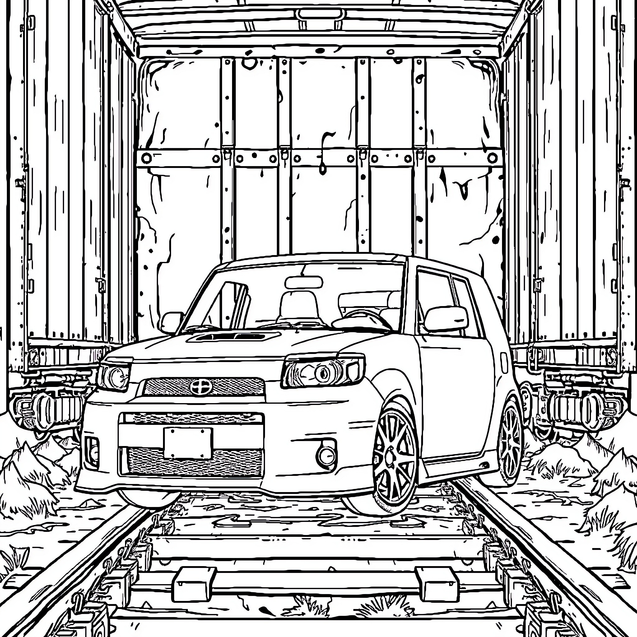 Scion xb in a truck trailer Coloring Page (free black-and-white line drawing printable PDF for all, from beginners to advanced learners, including children, teens, adults, and seniors)