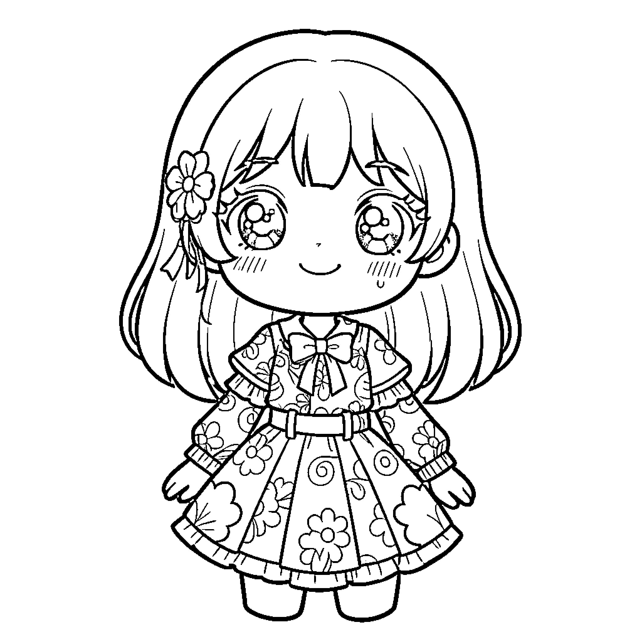 Girl in Floral Dress with Flowers Coloring Page (free black-and-white line drawing printable PDF for all, from beginners to advanced learners, including children, teens, adults, and seniors)