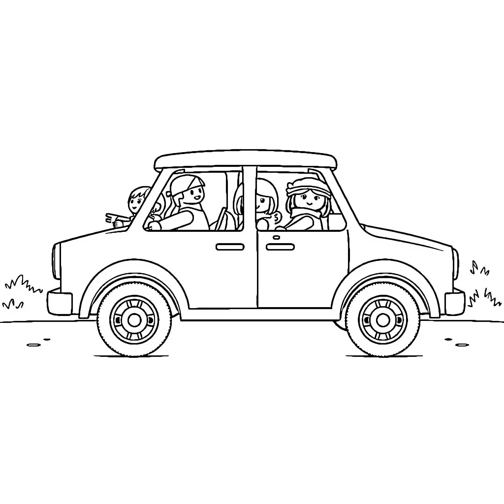 Playmobil Pickup with Passengers on a Road Trip Coloring Page (free black-and-white line drawing printable PDF for all, from beginners to advanced learners, including children, teens, adults, and seniors)