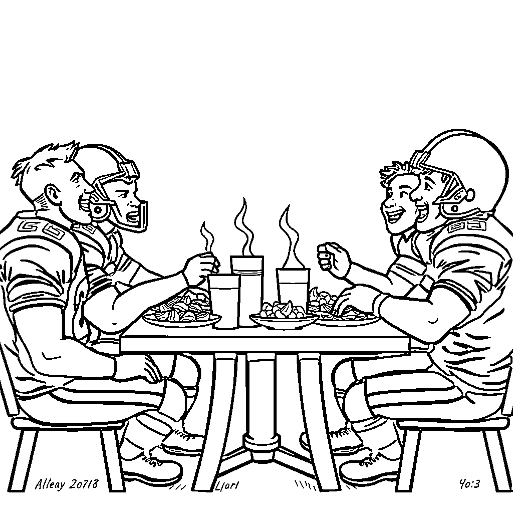 Football Players Enjoying Meal Together Coloring Page (free black-and-white line drawing printable PDF for all, from beginners to advanced learners, including children, teens, adults, and seniors)