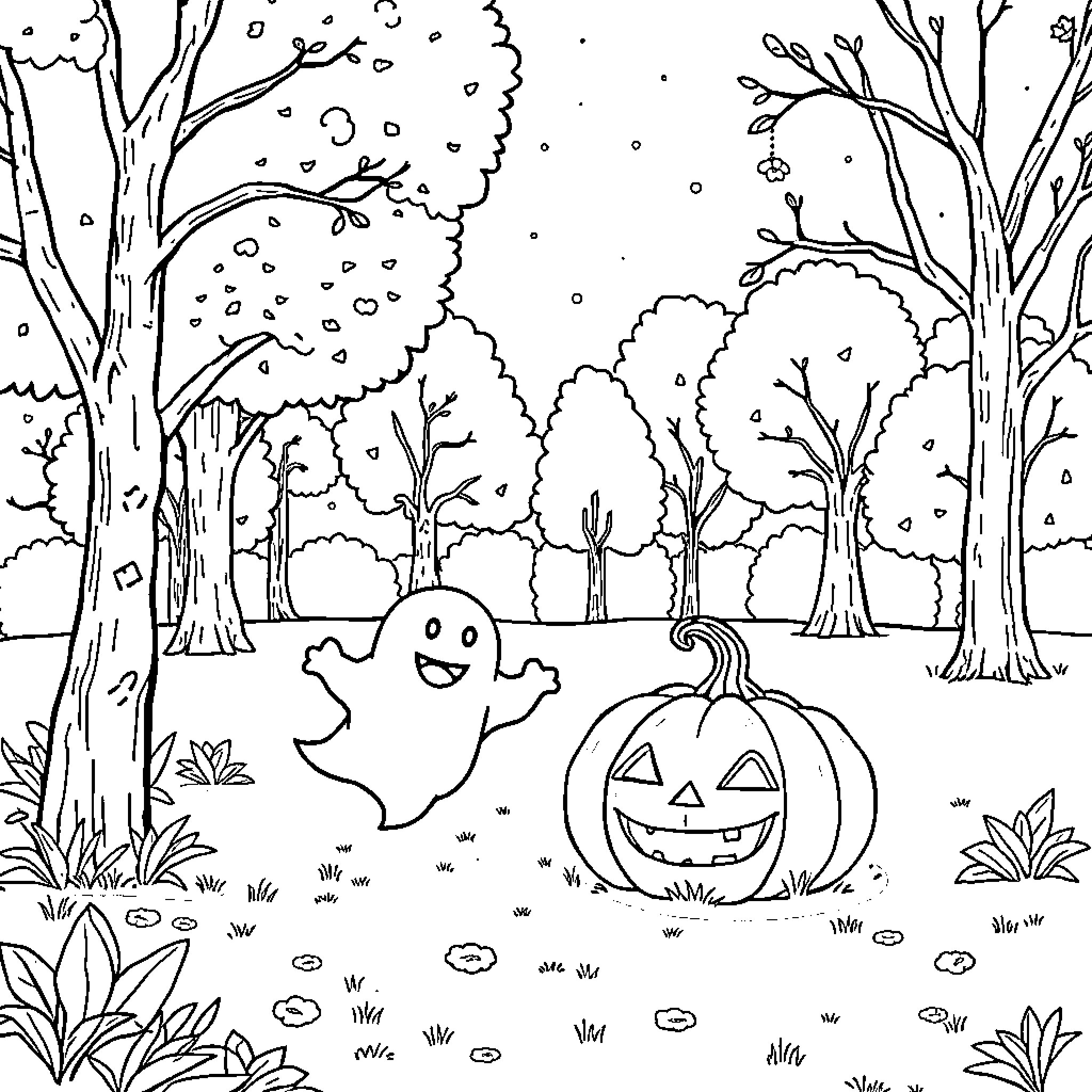 Pumpkin and Ghost in Autumn Forest Coloring Page (free black-and-white line drawing printable PDF for all, from beginners to advanced learners, including children, teens, adults, and seniors)