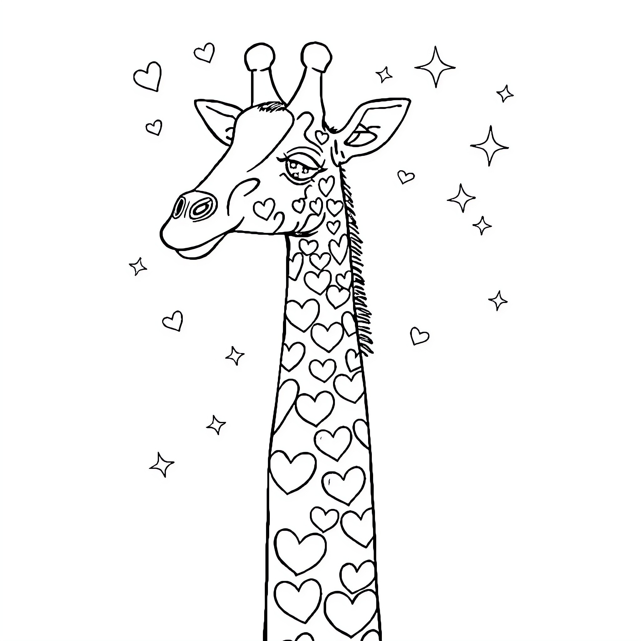 Giraffe with whimsical heart-shaped patterns Coloring Page (free black-and-white line drawing printable PDF for all, from beginners to advanced learners, including children, teens, adults, and seniors)