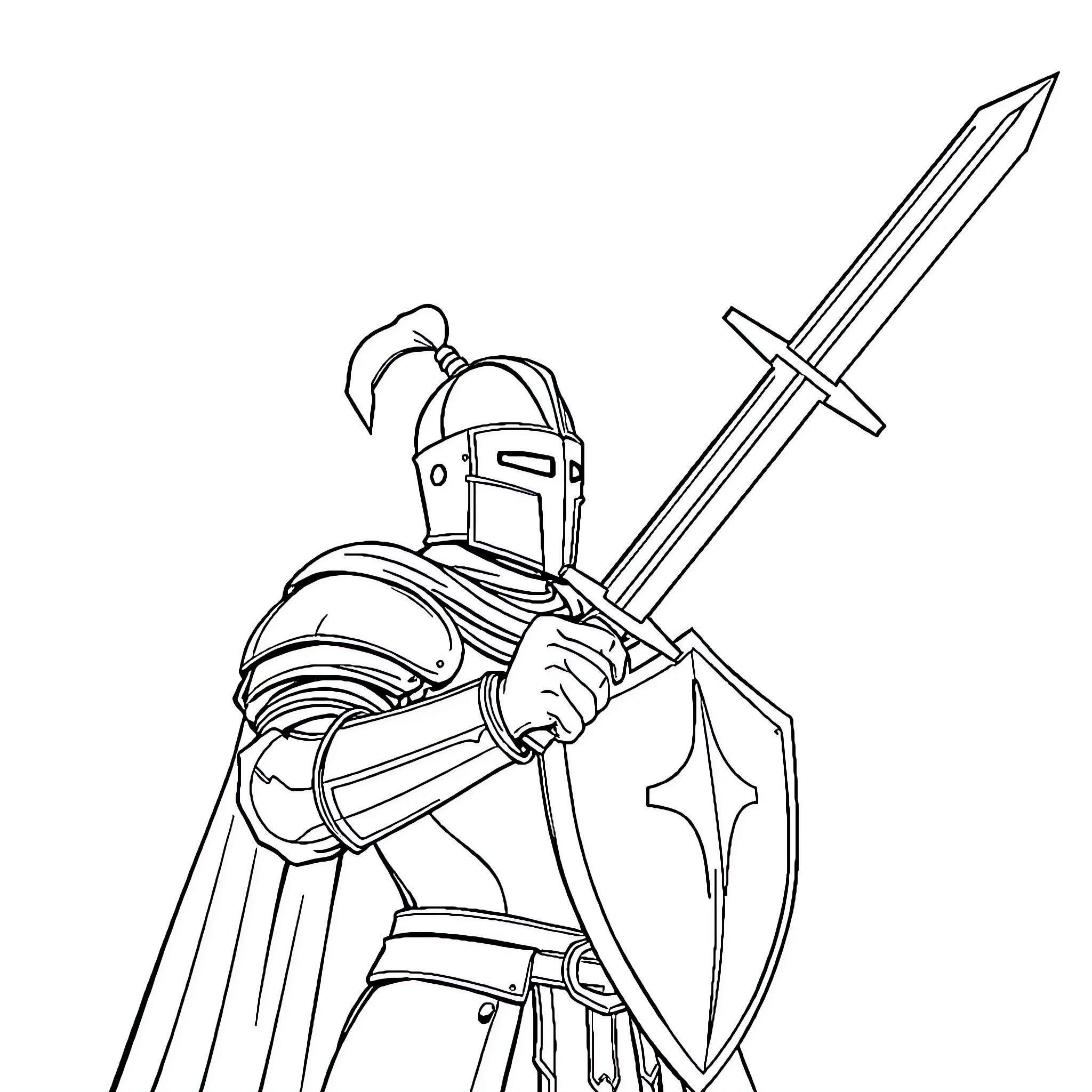 Knight preparing for battle with sword and shield Coloring Page (free black-and-white line drawing printable PDF for all, from beginners to advanced learners, including children, teens, adults, and seniors)