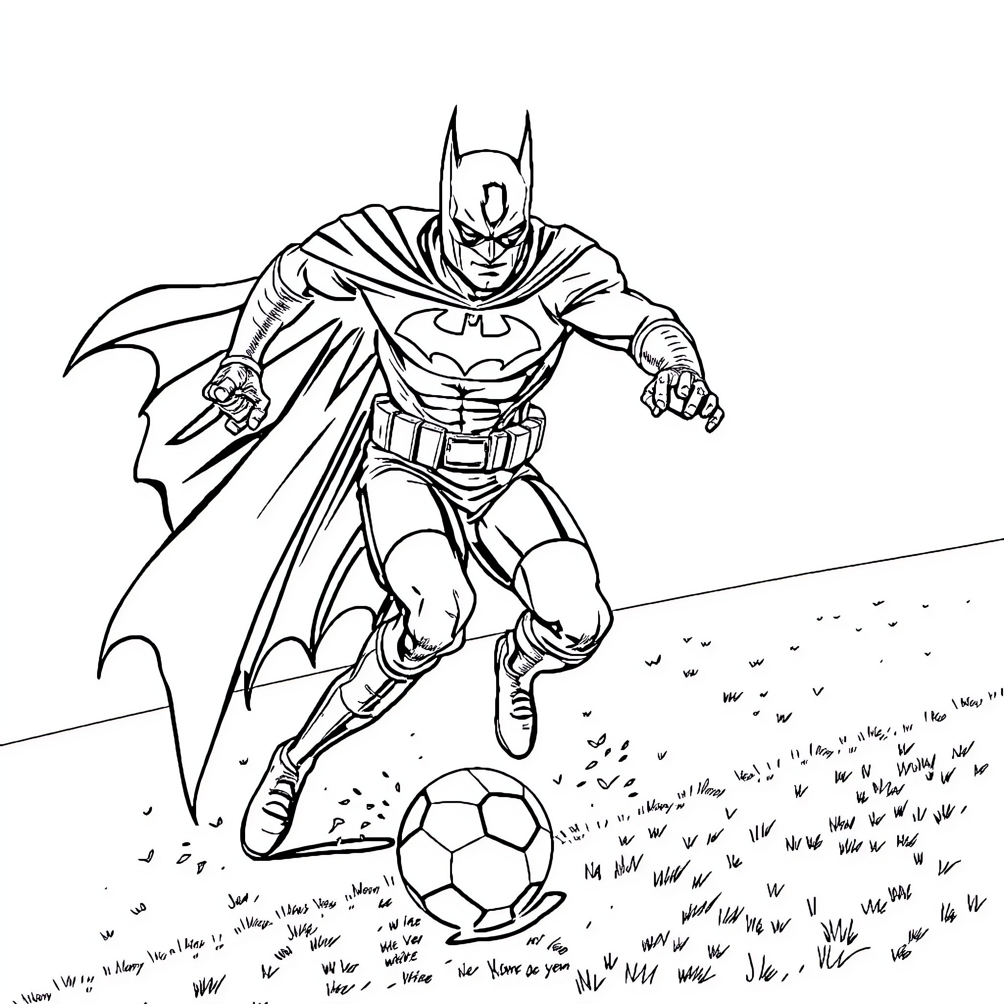 Batman kicks soccer ball during intense pursuit Coloring Page (free black-and-white line drawing printable PDF for all, from beginners to advanced learners, including children, teens, adults, and seniors)