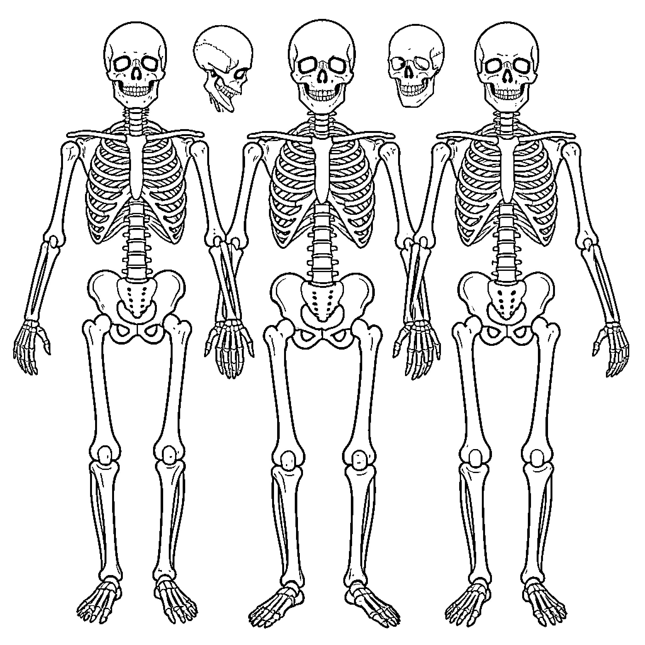 Human Skeleton in various anatomical poses and views Coloring Page (free black-and-white line drawing printable PDF for all, from beginners to advanced learners, including children, teens, adults, and seniors)