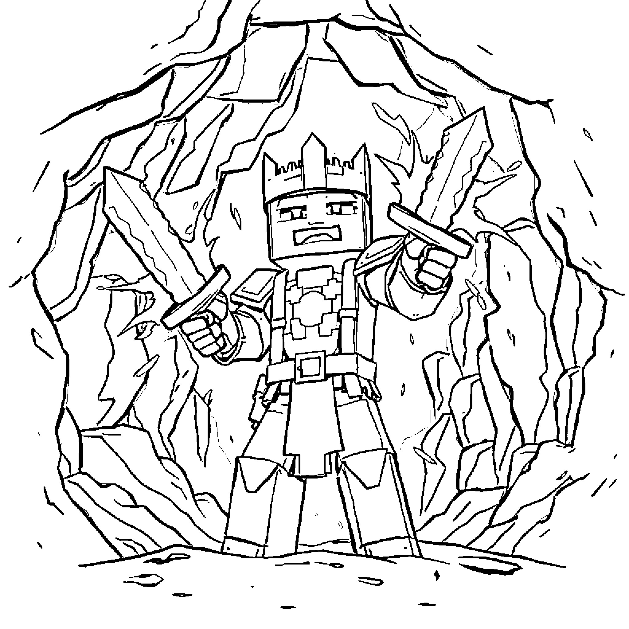 Warden with weapons in a rocky, craggy cave Coloring Page (free black-and-white line drawing printable PDF for all, from beginners to advanced learners, including children, teens, adults, and seniors)