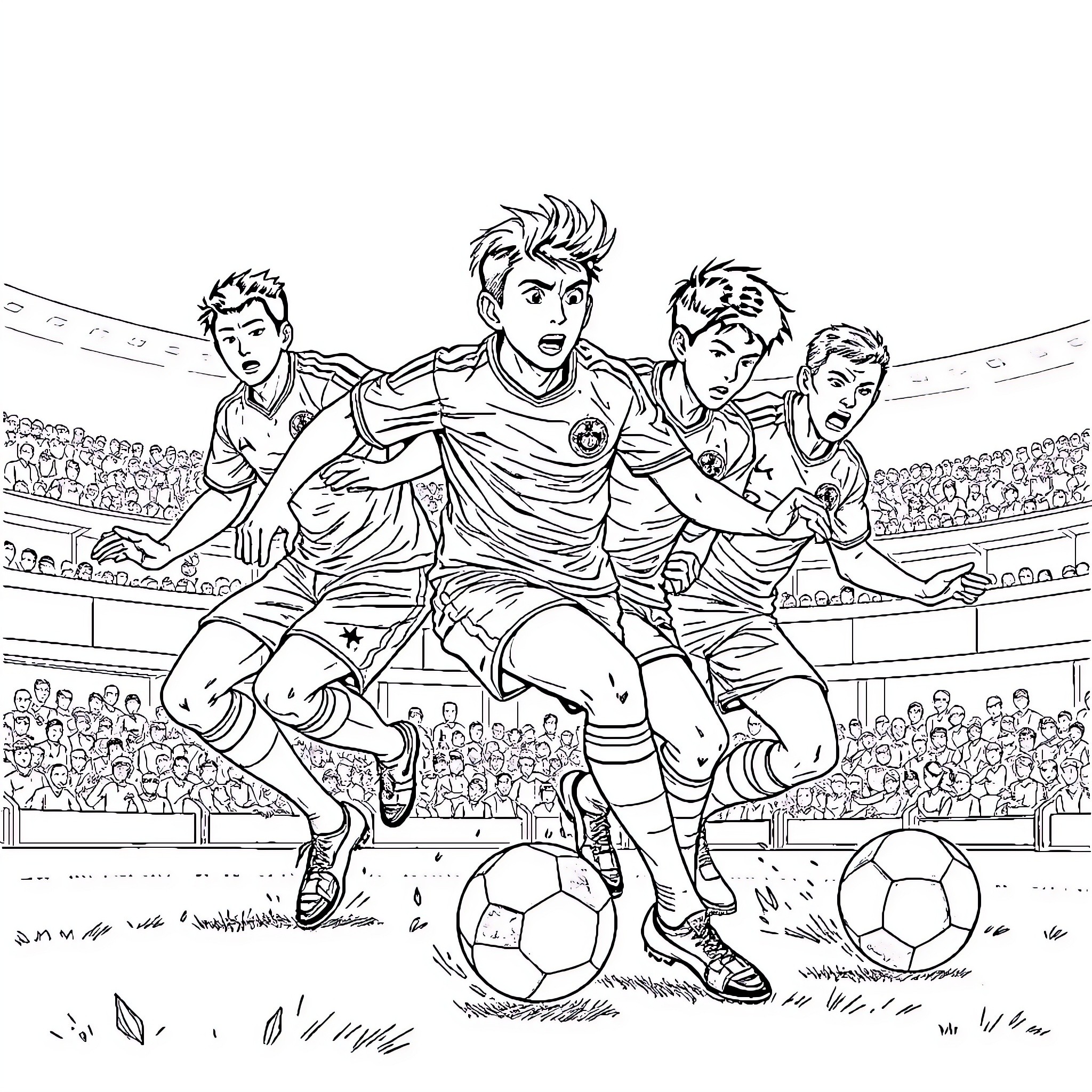 Capitaine Tsubasa - Players in an intense soccer match Coloring Page (free black-and-white line drawing printable PDF for all, from beginners to advanced learners, including children, teens, adults, and seniors)