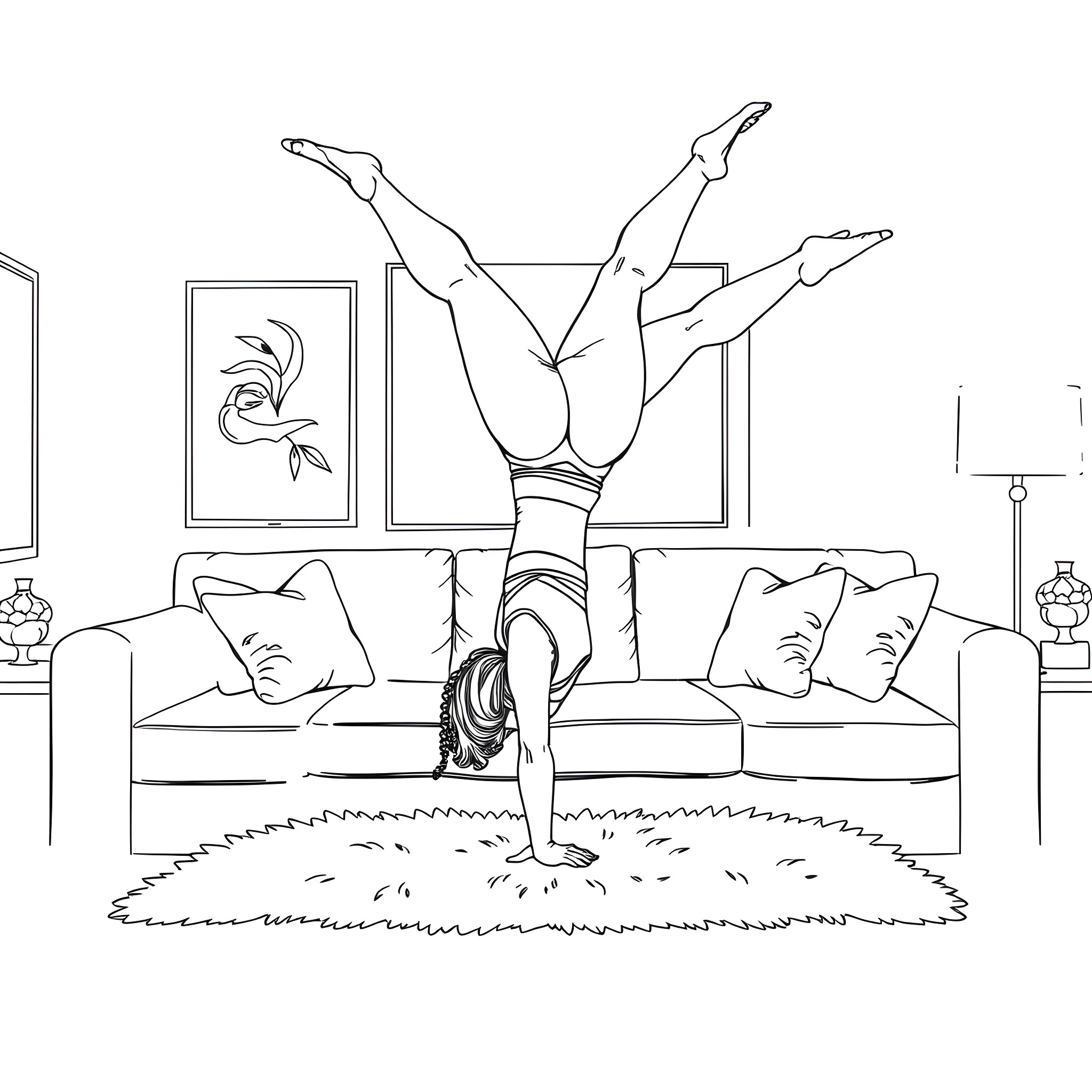 Rihanna performing a handstand in a living room Coloring Page (free black-and-white line drawing printable PDF for all, from beginners to advanced learners, including children, teens, adults, and seniors)