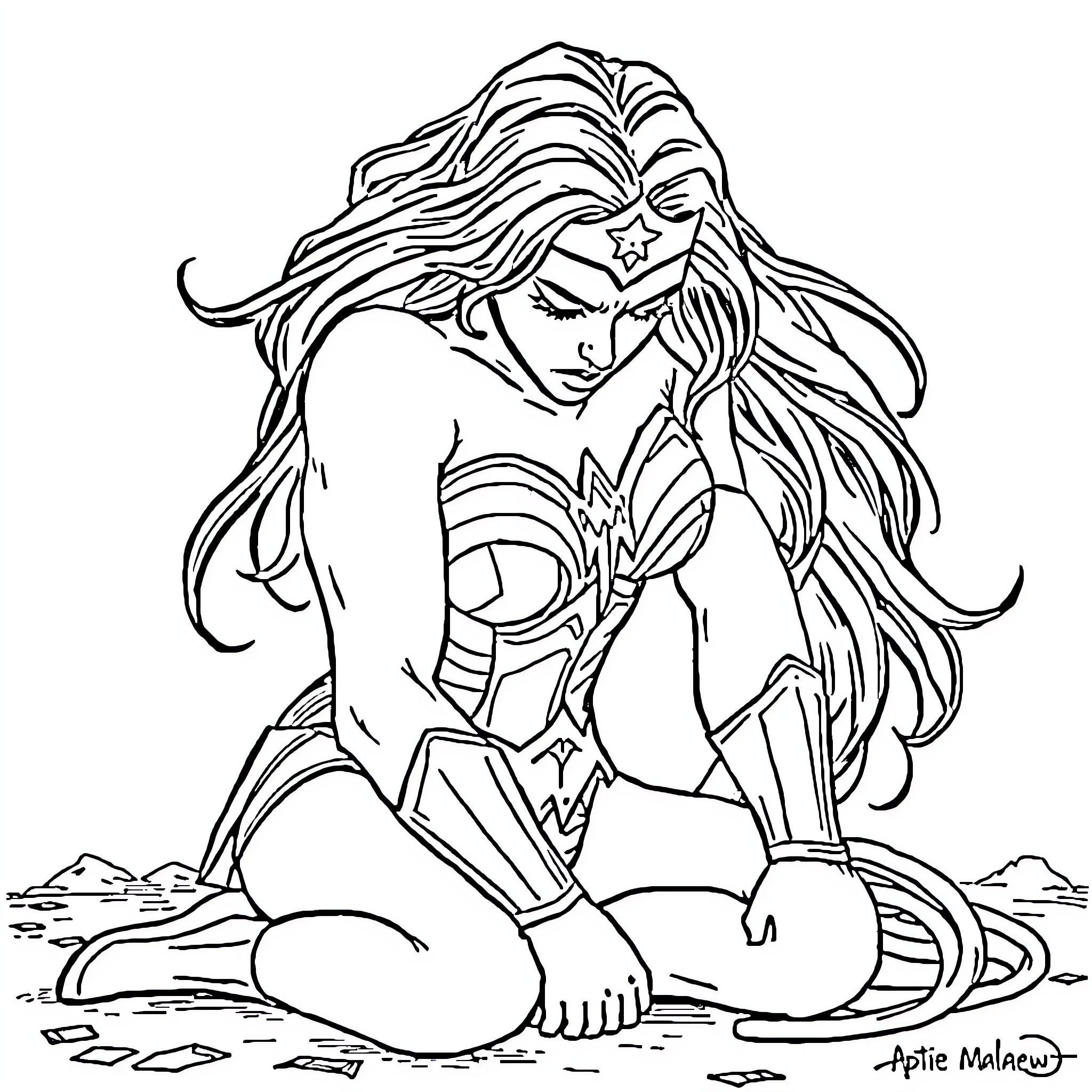 Wonder Woman in action-packed heroic pose Coloring Page (free black-and-white line drawing printable PDF for all, from beginners to advanced learners, including children, teens, adults, and seniors)