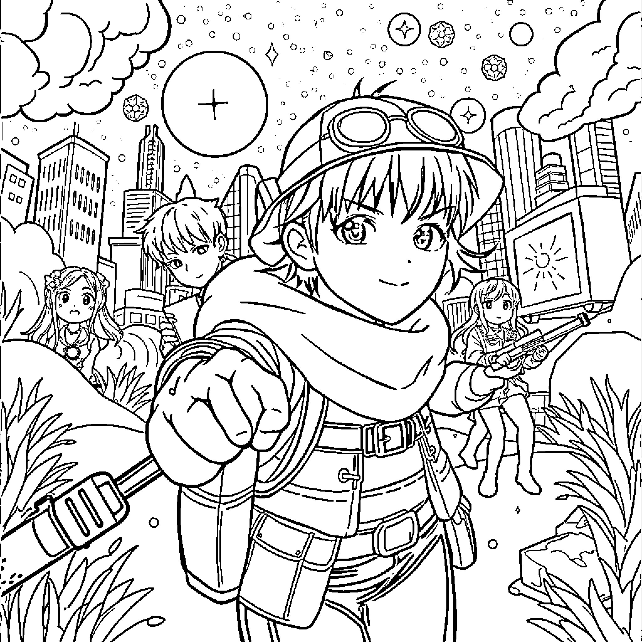 Huntrix Adventurers Explore the Fantastic Metropolis Coloring Page (free black-and-white line drawing printable PDF for all, from beginners to advanced learners, including children, teens, adults, and seniors)