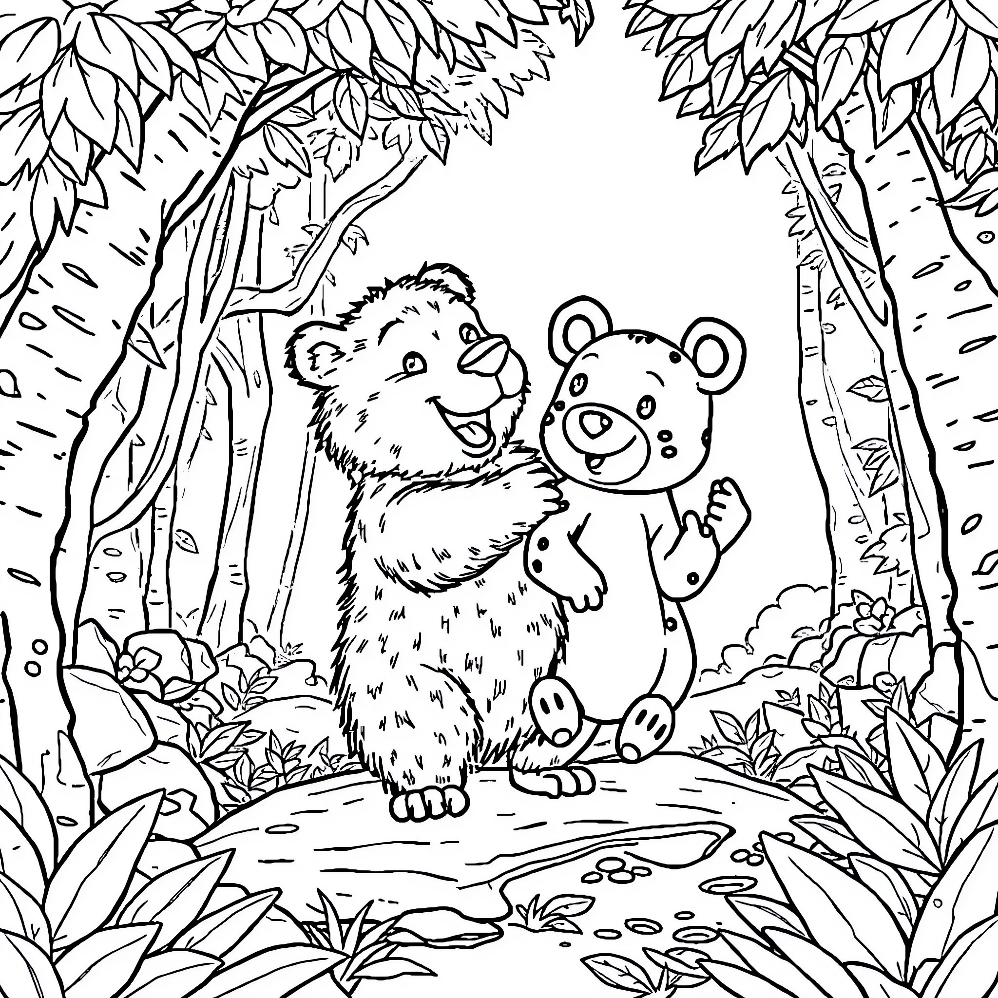 Oso Bears Playing in the Forest Coloring Page (free black-and-white line drawing printable PDF for all, from beginners to advanced learners, including children, teens, adults, and seniors)