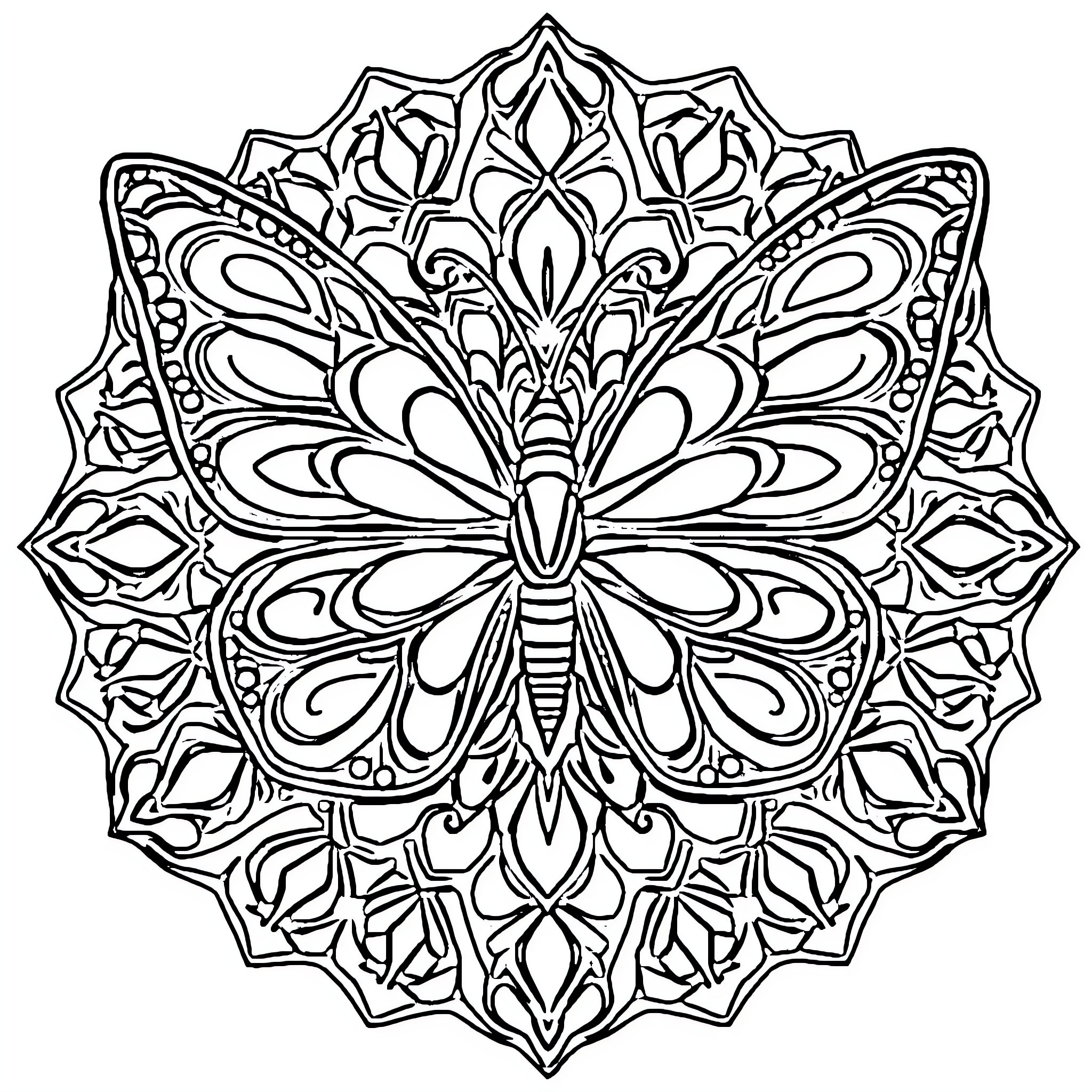 Butterfly mandala with intricate design Coloring Page (free black-and-white line drawing printable PDF for all, from beginners to advanced learners, including children, teens, adults, and seniors)