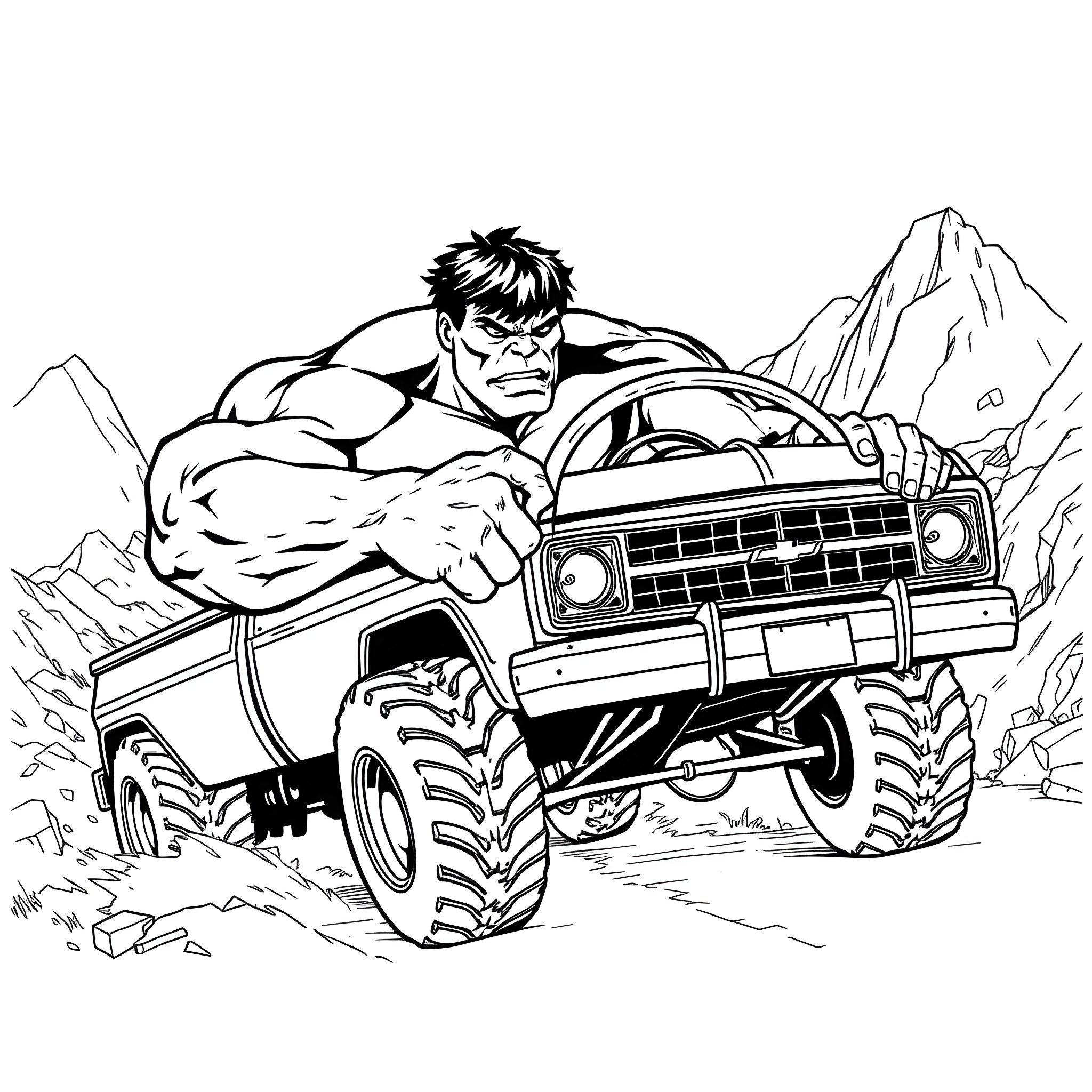 Hulk driving a monstrous truck through the wilderness Coloring Page (free black-and-white line drawing printable PDF for all, from beginners to advanced learners, including children, teens, adults, and seniors)