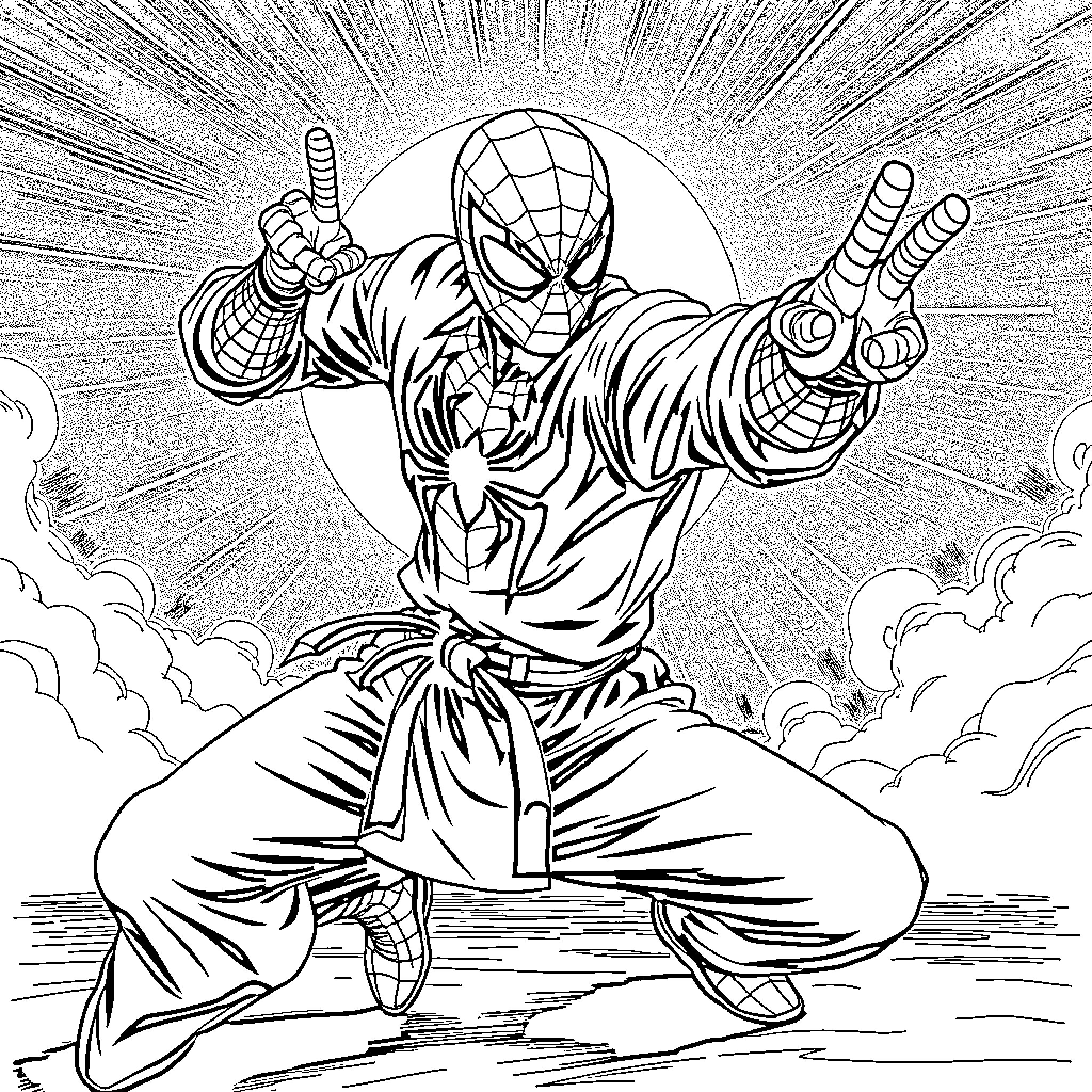 Spiderman in action-packed heroic pose Coloring Page (free black-and-white line drawing printable PDF for all, from beginners to advanced learners, including children, teens, adults, and seniors)