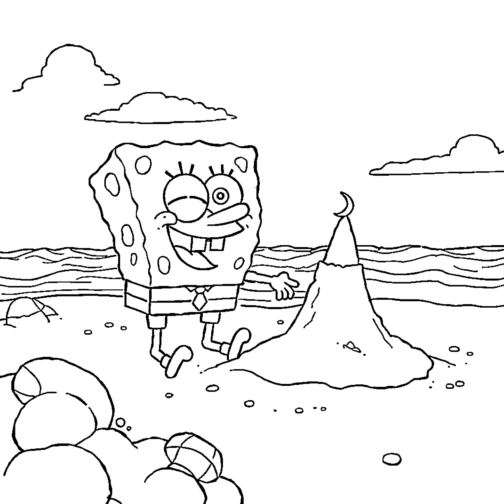 Spongebob enjoying a day at the beach Coloring Page (free black-and-white line drawing printable PDF for all, from beginners to advanced learners, including children, teens, adults, and seniors)