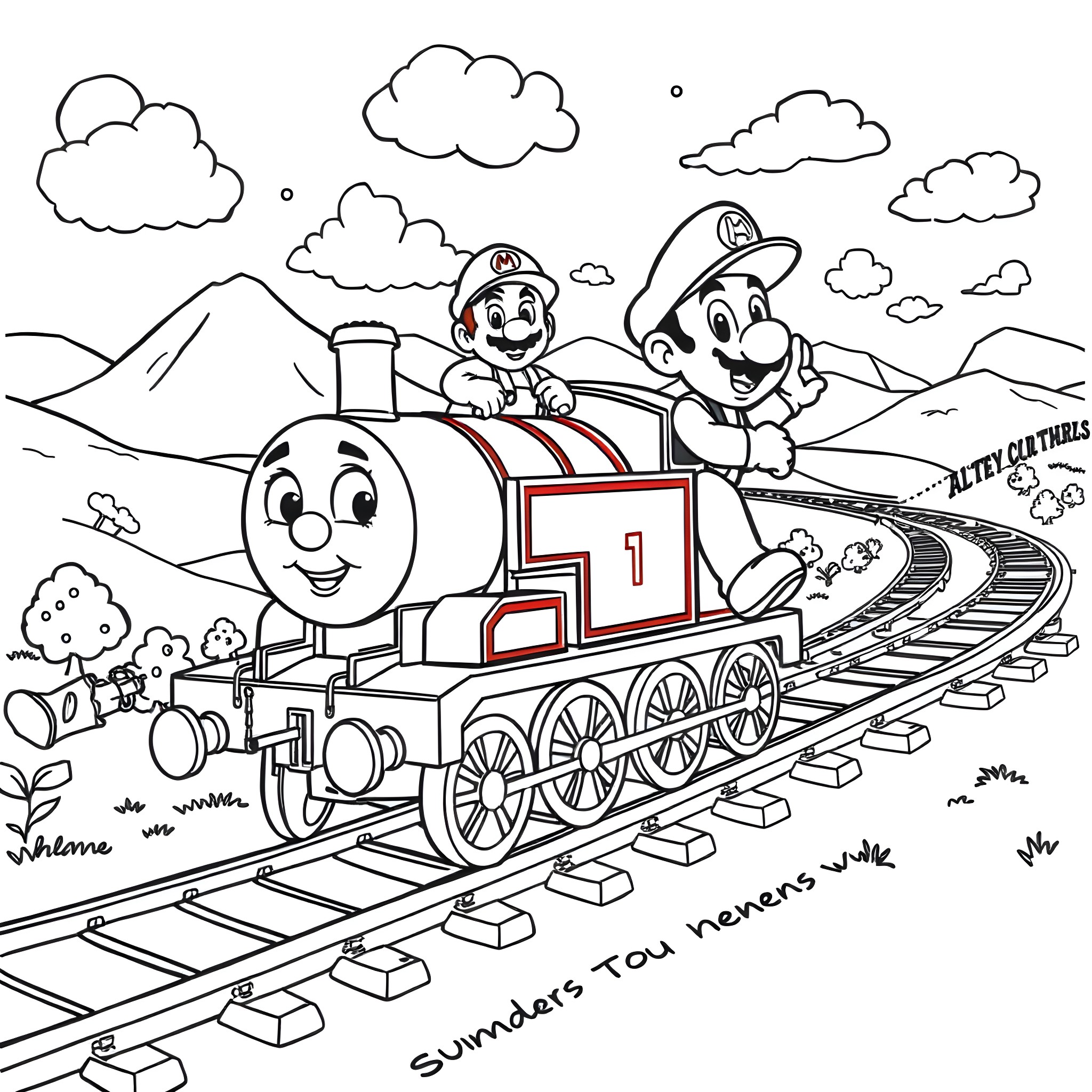 Mario and Luigi on a colorful train adventure Coloring Page (free black-and-white line drawing printable PDF for all, from beginners to advanced learners, including children, teens, adults, and seniors)