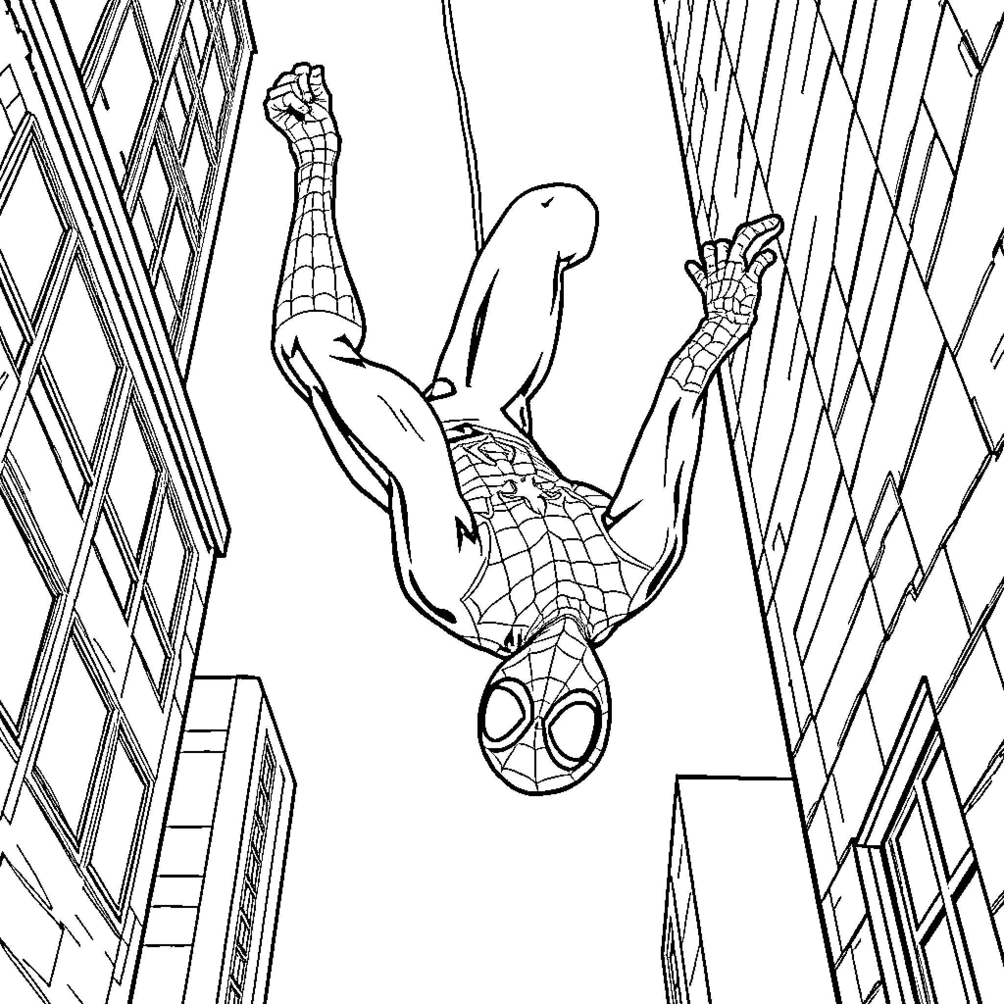 Spidey swinging through the city in action pose Coloring Page (free black-and-white line drawing printable PDF for all, from beginners to advanced learners, including children, teens, adults, and seniors)