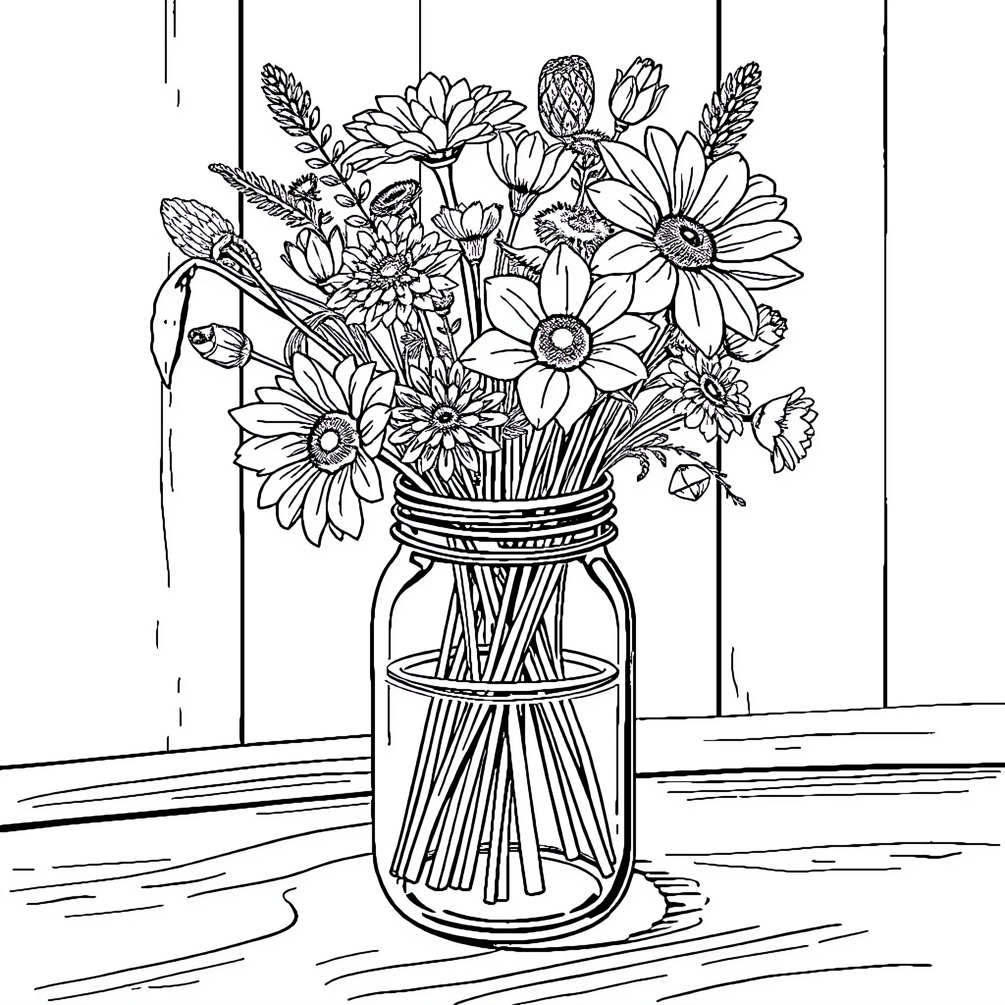 Flower bouquet in a mason jar on a wooden surface Coloring Page (free black-and-white line drawing printable PDF for all, from beginners to advanced learners, including children, teens, adults, and seniors)