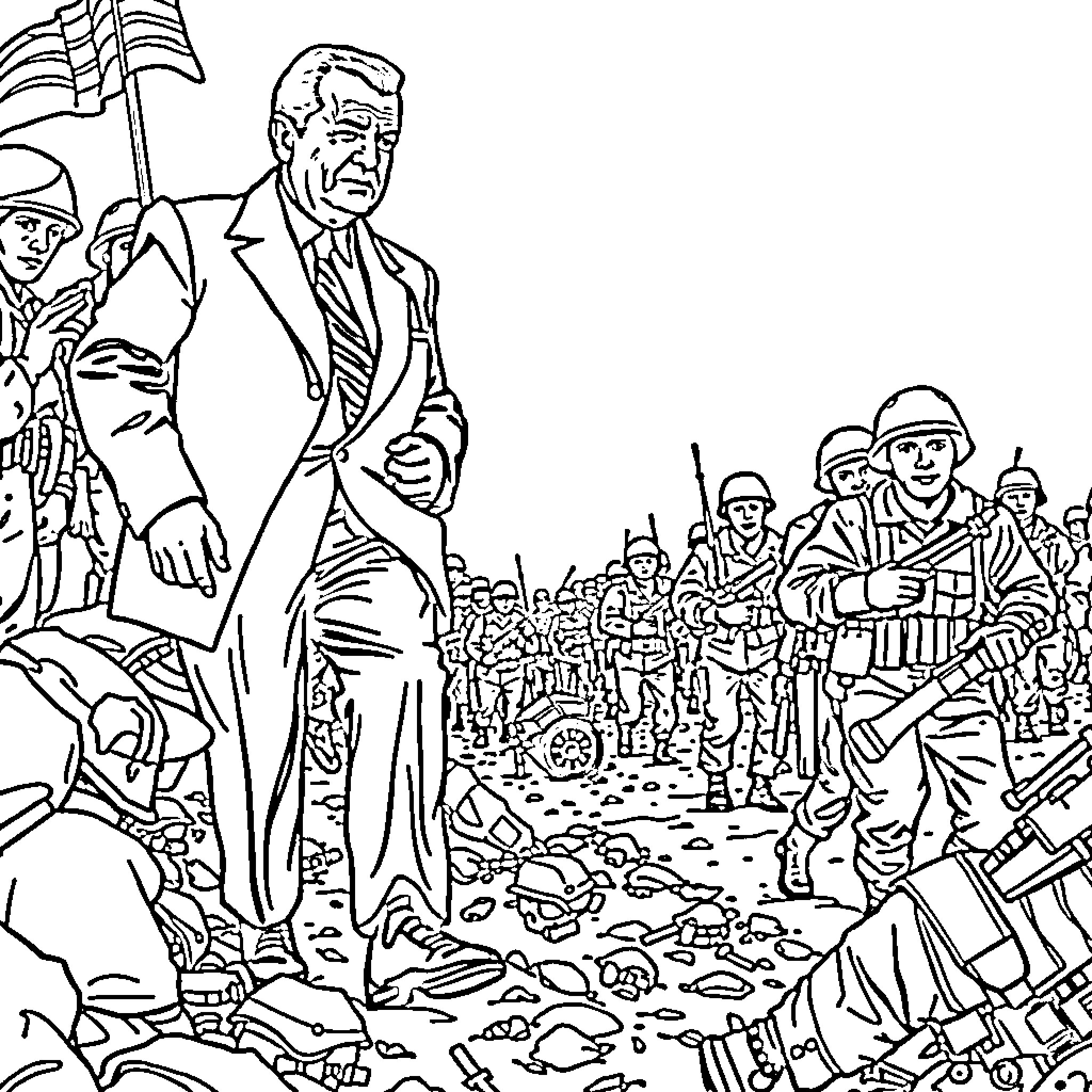 Richard Nixon's Resignation and Aftermath Coloring Page (free black-and-white line drawing printable PDF for all, from beginners to advanced learners, including children, teens, adults, and seniors)