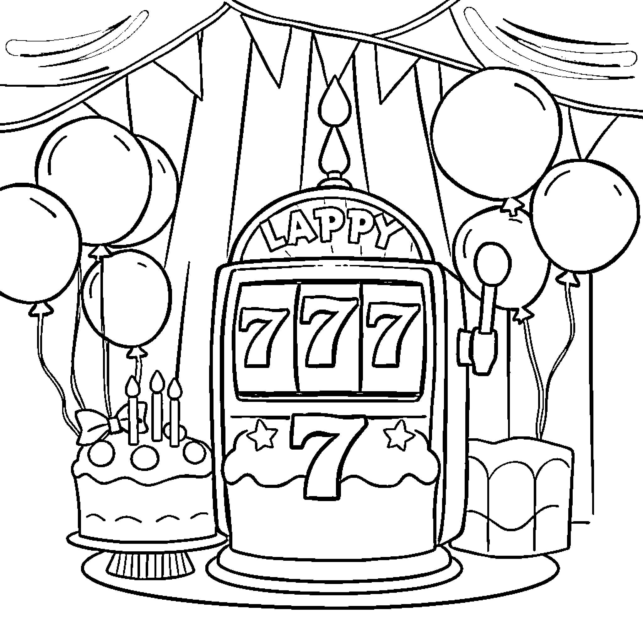 Slot Machine with Festive Decorations Coloring Page (free black-and-white line drawing printable PDF for all, from beginners to advanced learners, including children, teens, adults, and seniors)