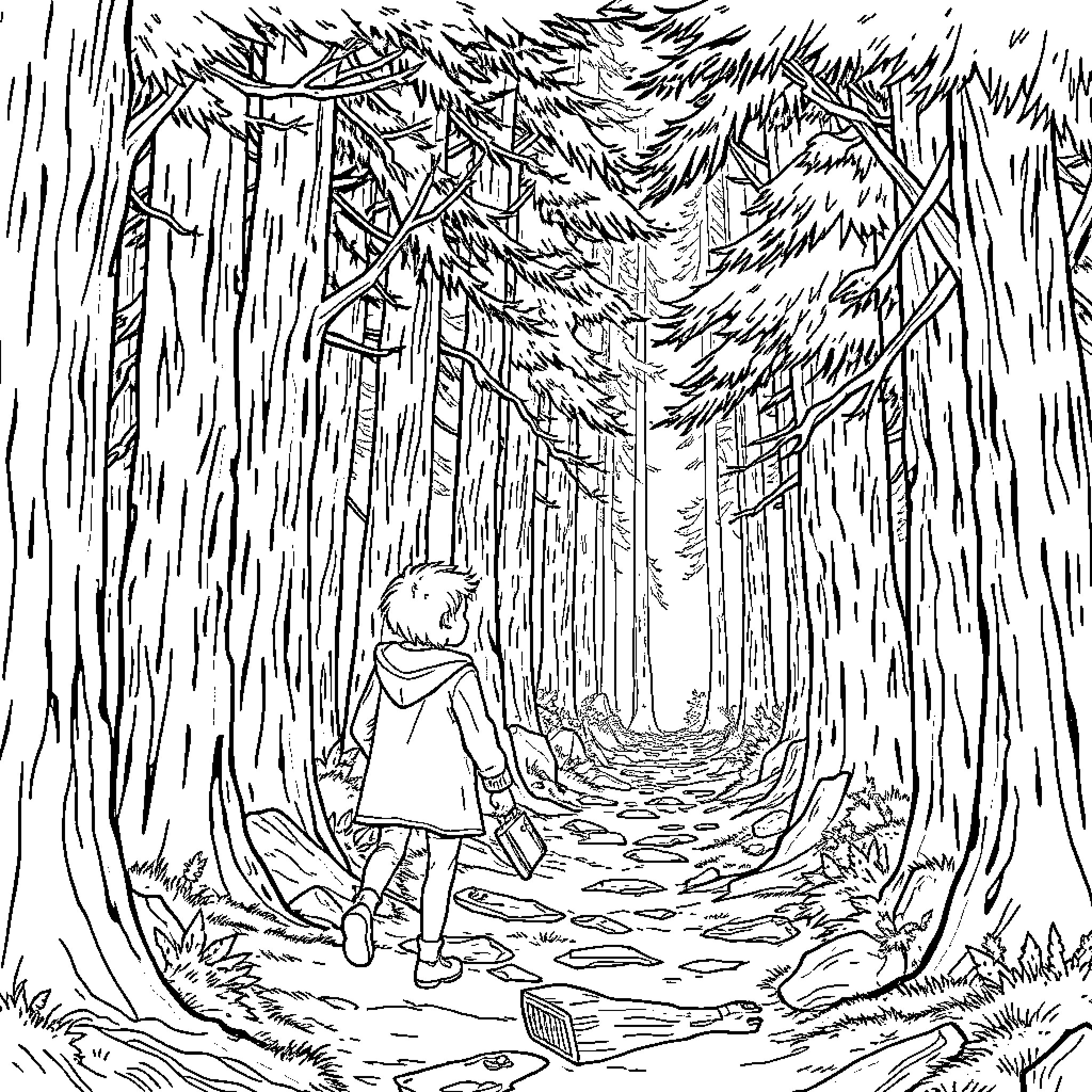 Goodman Brown's Journey Through the Dark Forest Coloring Page (free black-and-white line drawing printable PDF for all, from beginners to advanced learners, including children, teens, adults, and seniors)