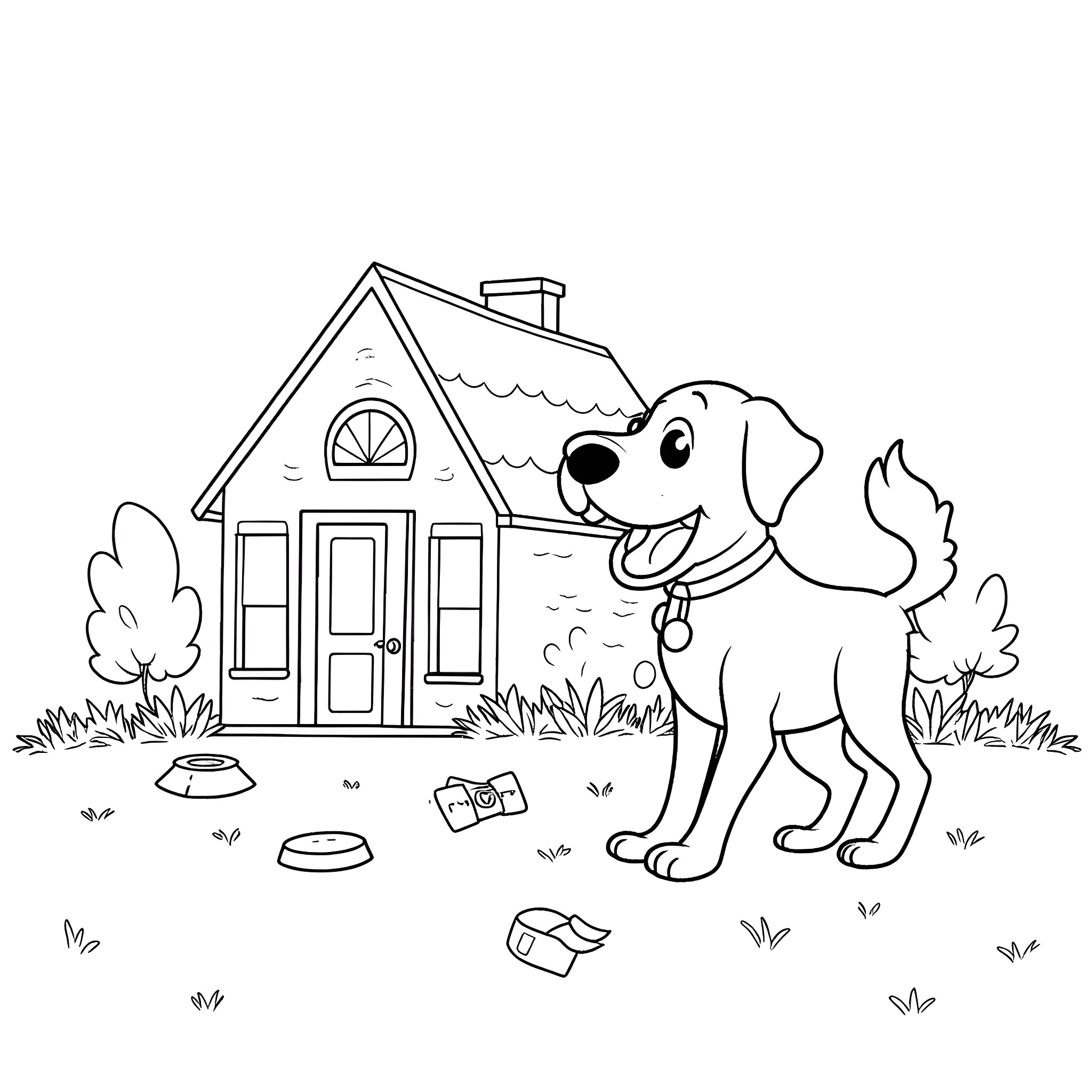 Lab Dog Playing Outside a Cozy House Coloring Page (free black-and-white line drawing printable PDF for all, from beginners to advanced learners, including children, teens, adults, and seniors)
