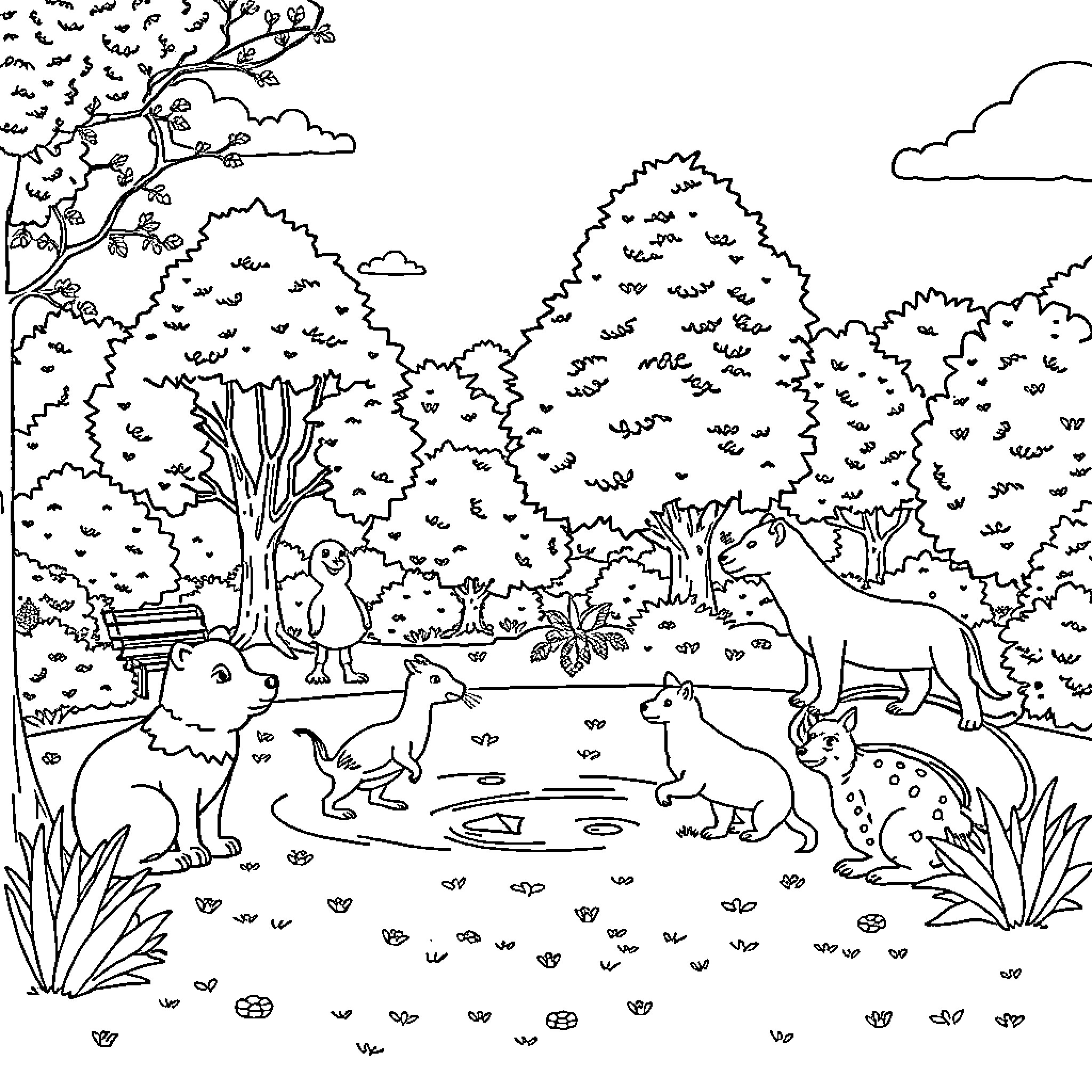 Animal Forest Habitat with Diverse Wildlife Coloring Page (free black-and-white line drawing printable PDF for all, from beginners to advanced learners, including children, teens, adults, and seniors)