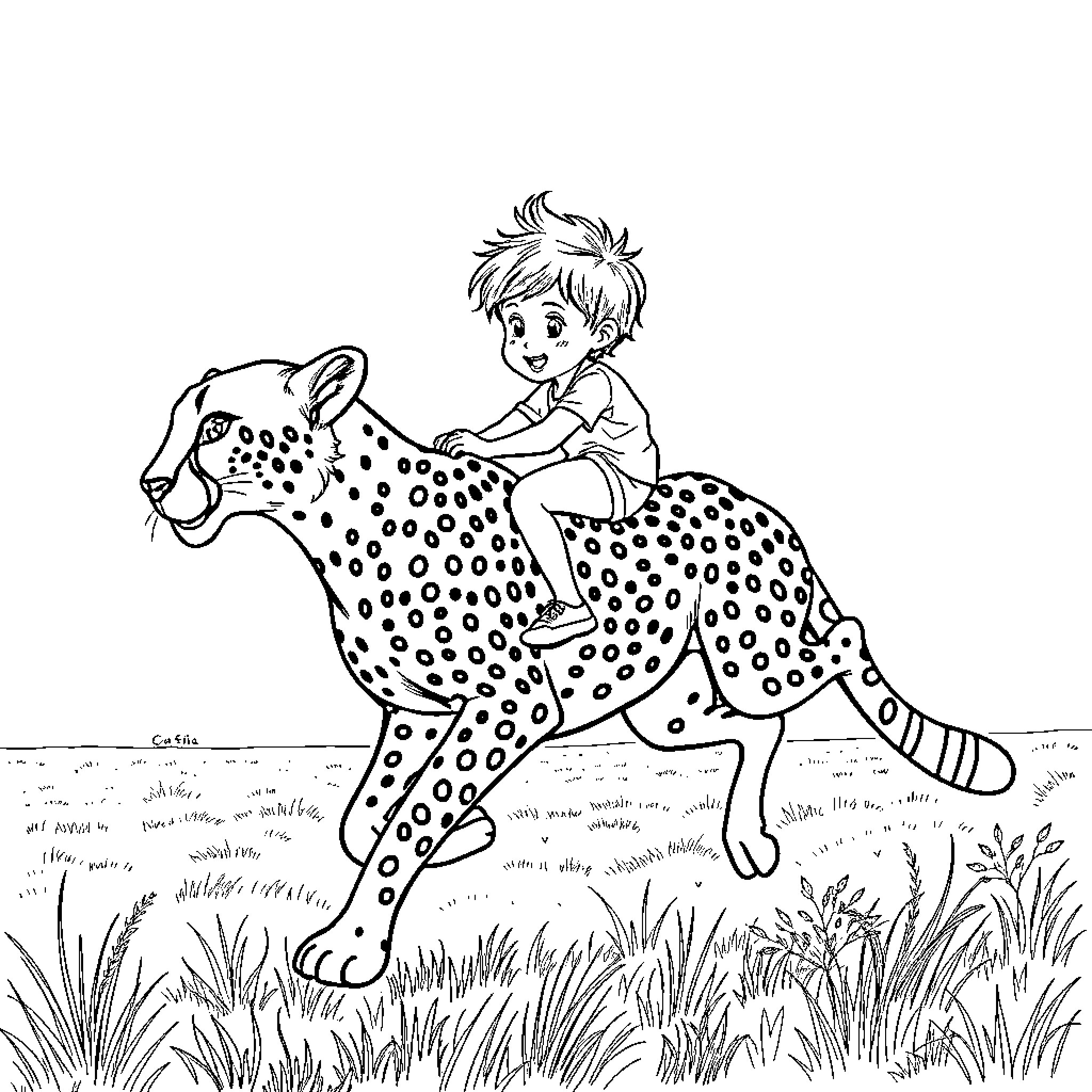 Boy riding on a spotted animal in the wild Coloring Page (free black-and-white line drawing printable PDF for all, from beginners to advanced learners, including children, teens, adults, and seniors)
