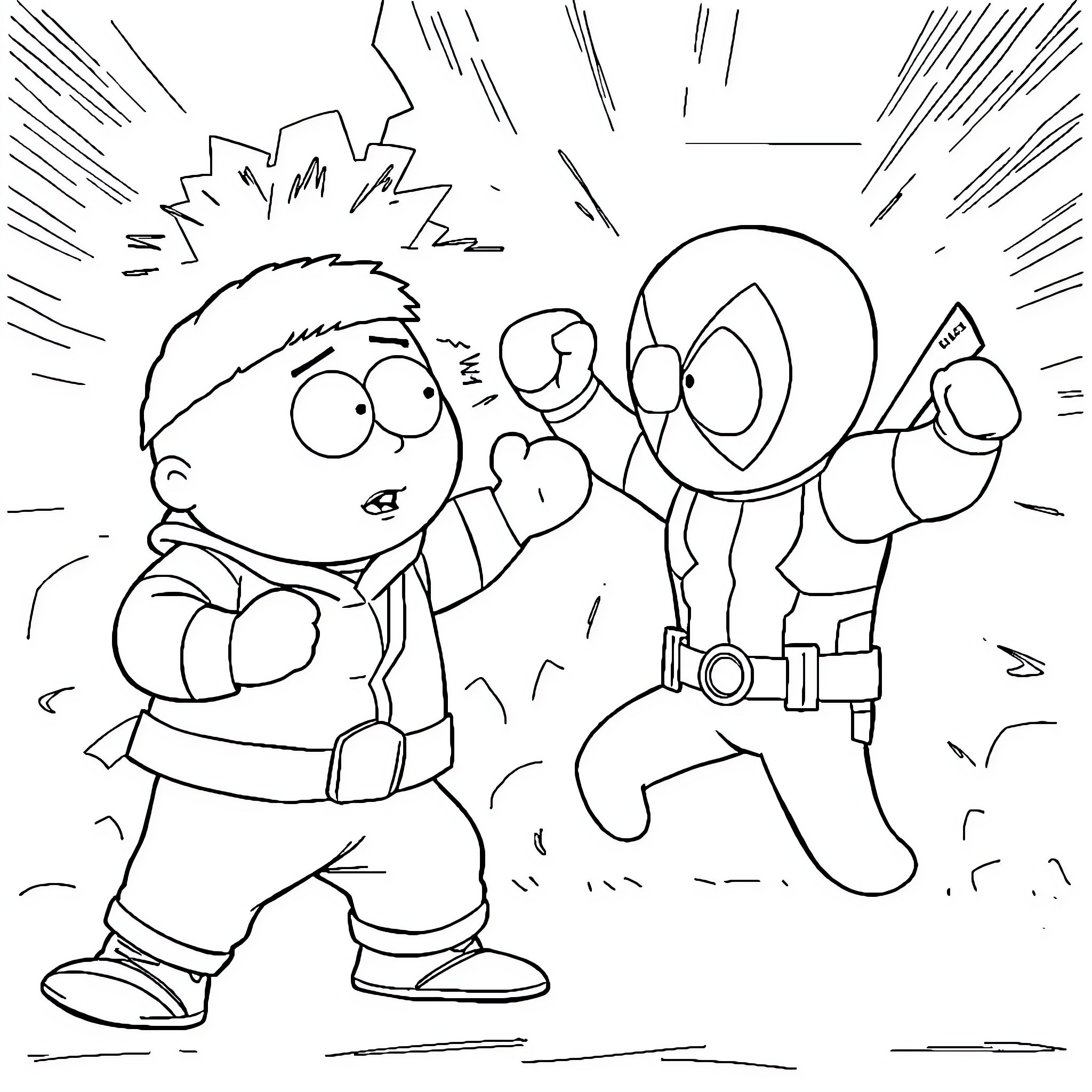 Eric Cartman in an intense confrontation Coloring Page (free black-and-white line drawing printable PDF for all, from beginners to advanced learners, including children, teens, adults, and seniors)