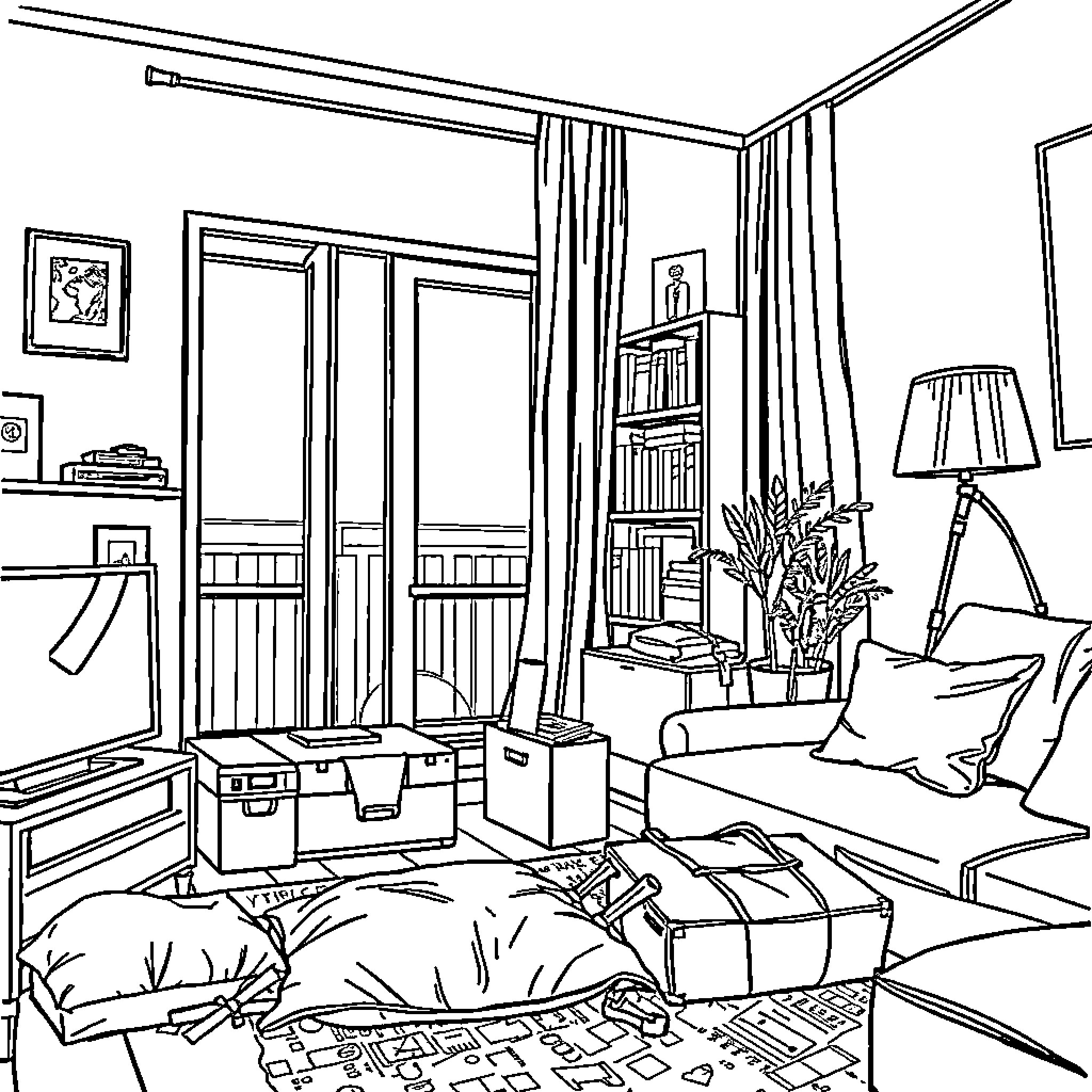 Madrid Living Room with Cozy Furnishings Coloring Page (free black-and-white line drawing printable PDF for all, from beginners to advanced learners, including children, teens, adults, and seniors)
