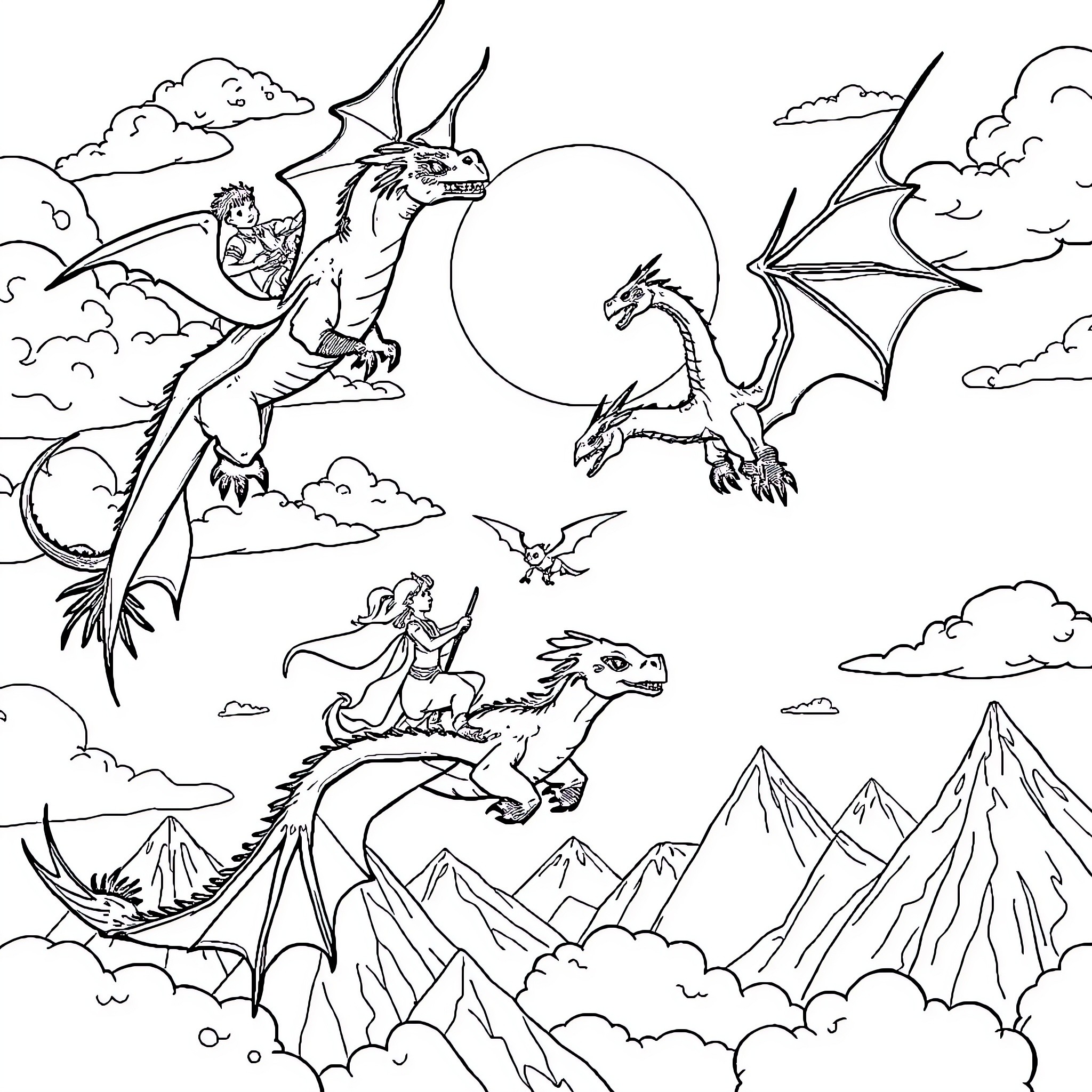 Dragons soaring through the sky above majestic mountains Coloring Page (free black-and-white line drawing printable PDF for all, from beginners to advanced learners, including children, teens, adults, and seniors)