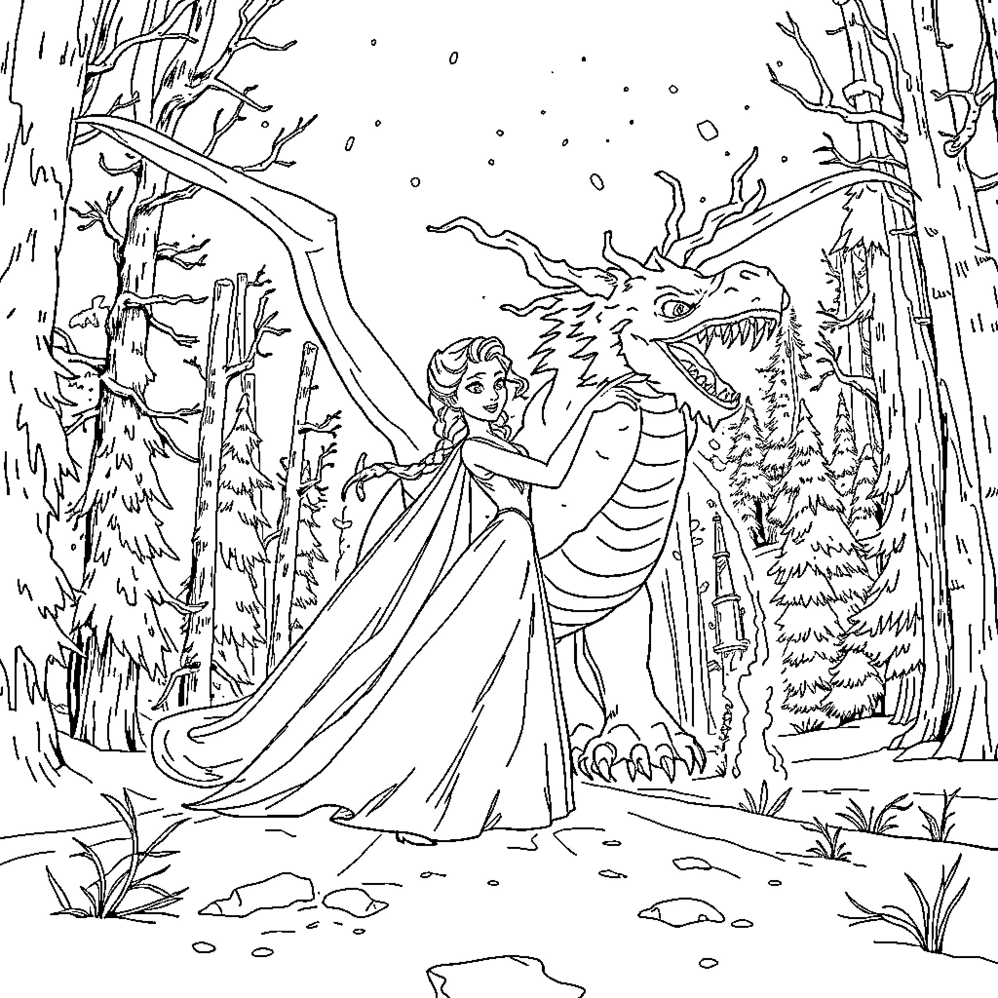Elsa's Enchanting Encounter with a Majestic Dragon in the Wintry Forest Coloring Page (free black-and-white line drawing printable PDF for all, from beginners to advanced learners, including children, teens, adults, and seniors)