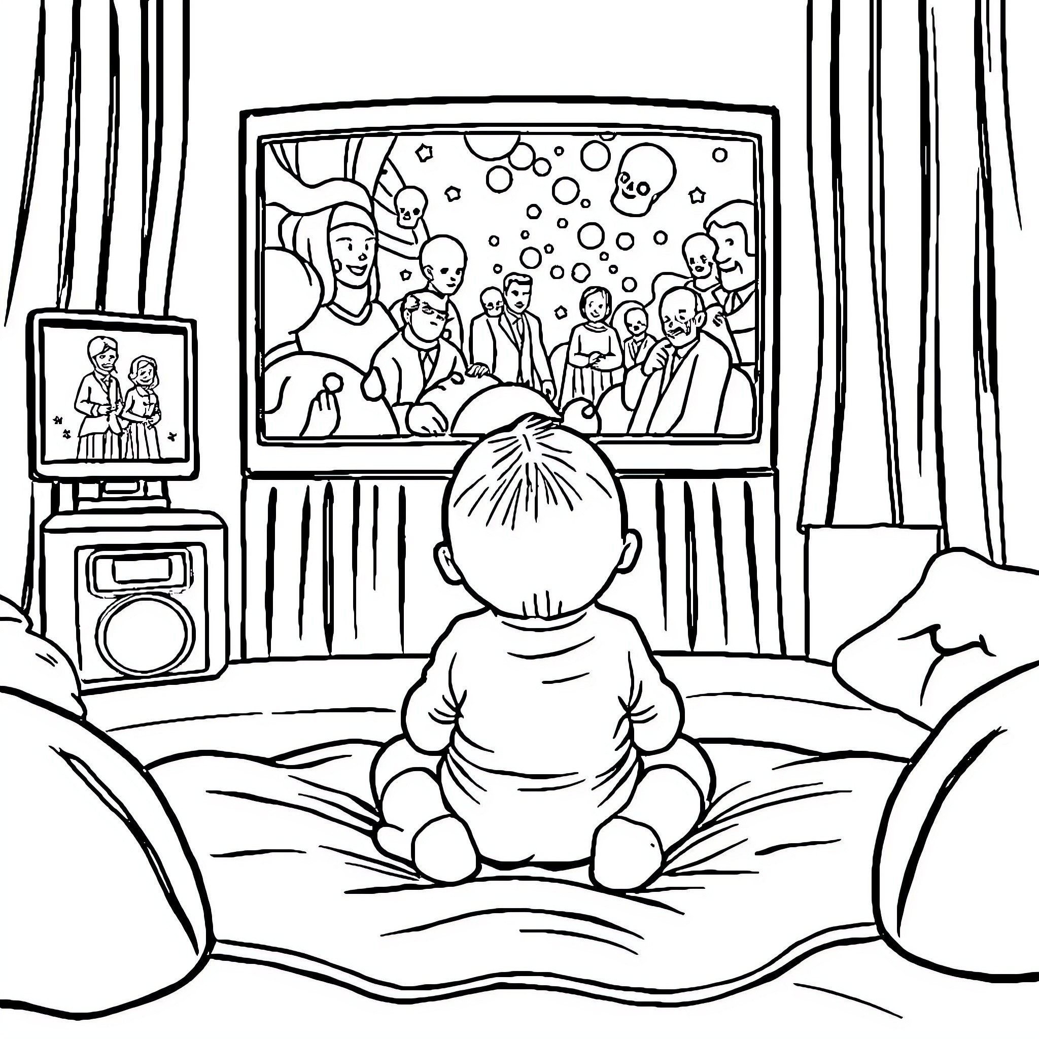 Baby watching TV with people in the screen Coloring Page (free black-and-white line drawing printable PDF for all, from beginners to advanced learners, including children, teens, adults, and seniors)