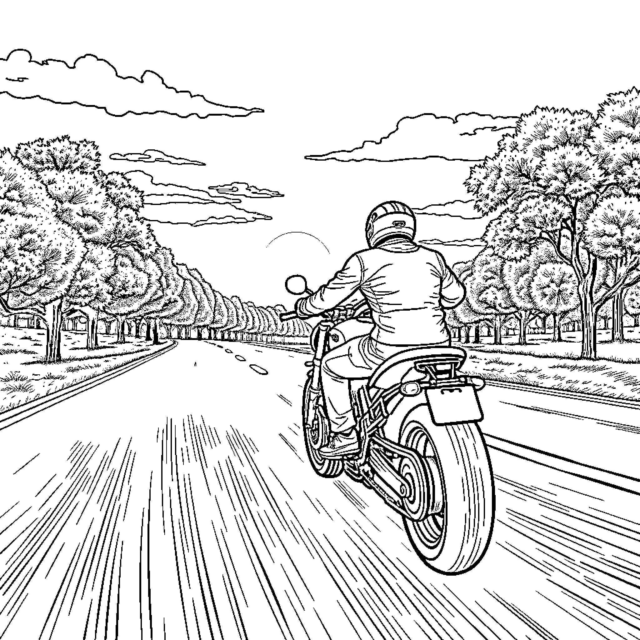 Biker riding down a tree-lined road Coloring Page (free black-and-white line drawing printable PDF for all, from beginners to advanced learners, including children, teens, adults, and seniors)