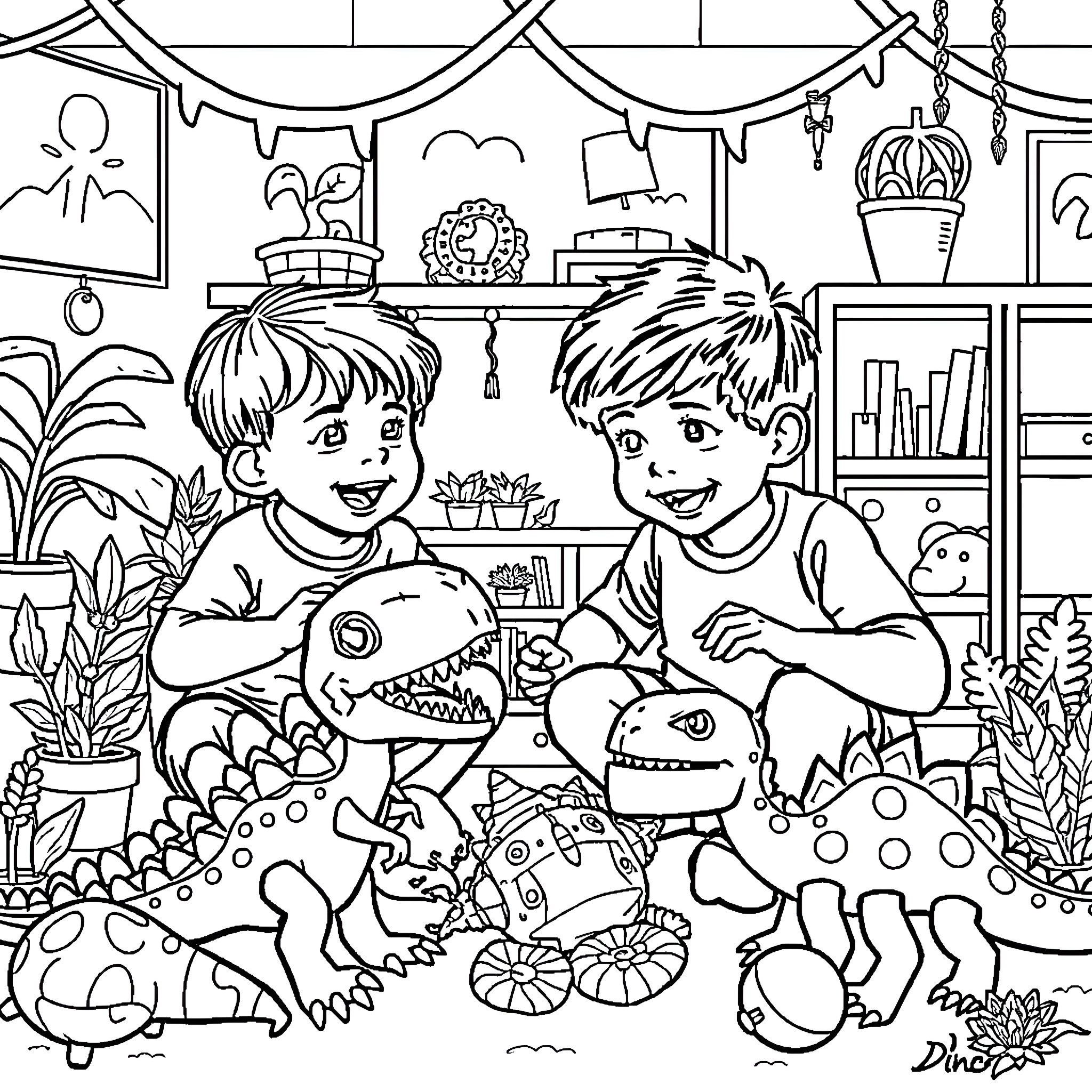 Dinosaur Toys Bring Joy to Children's Play Coloring Page (free black-and-white line drawing printable PDF for all, from beginners to advanced learners, including children, teens, adults, and seniors)
