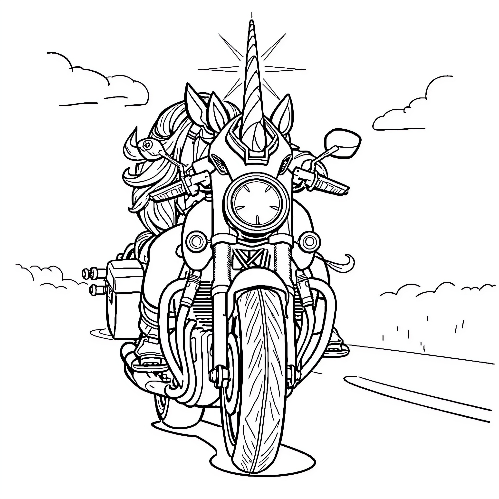 Unicorn Steampunk Motorcycle with Fantastical Riders Coloring Page (free black-and-white line drawing printable PDF for all, from beginners to advanced learners, including children, teens, adults, and seniors)