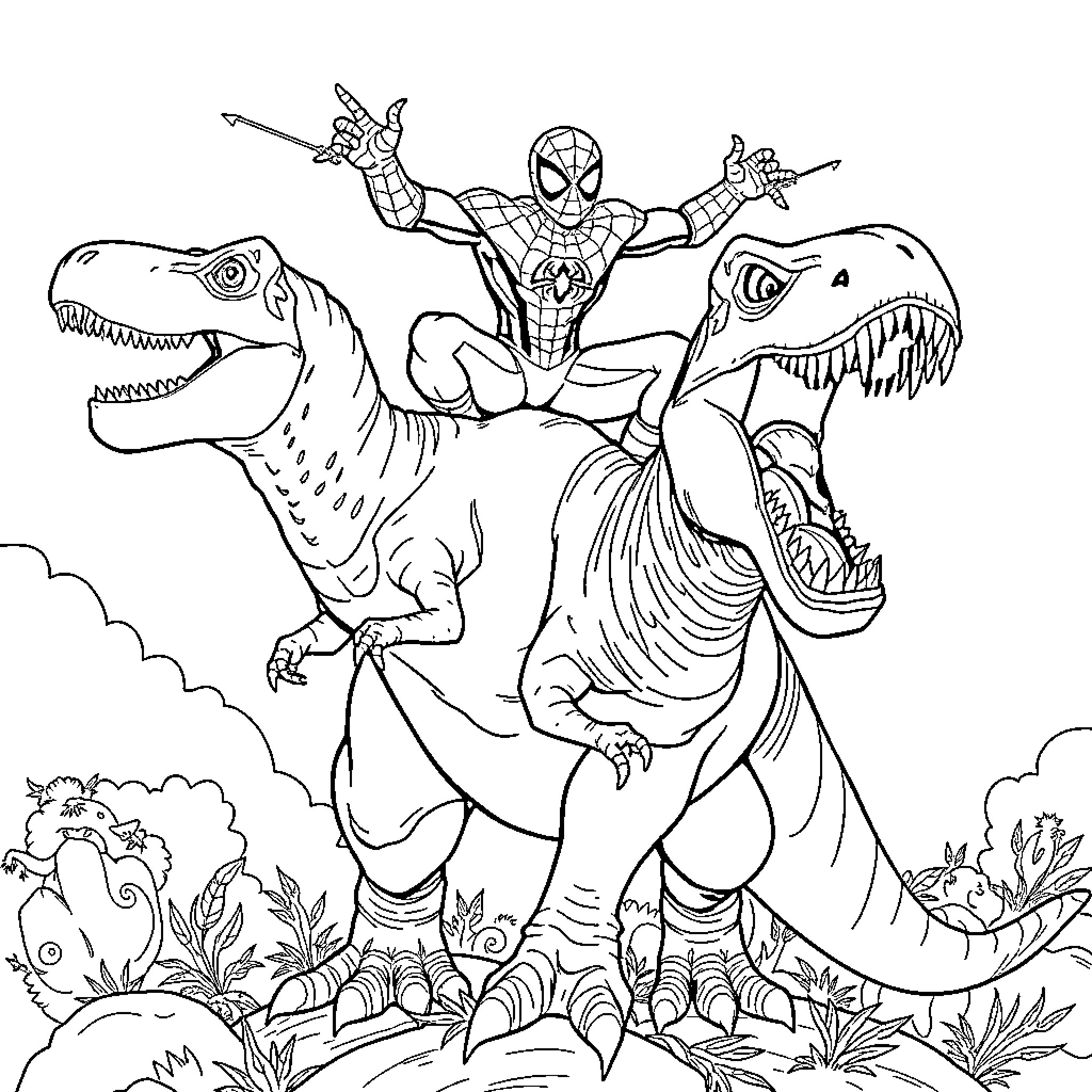 Spiderman battling fearsome dinosaurs in a lush landscape Coloring Page (free black-and-white line drawing printable PDF for all, from beginners to advanced learners, including children, teens, adults, and seniors)