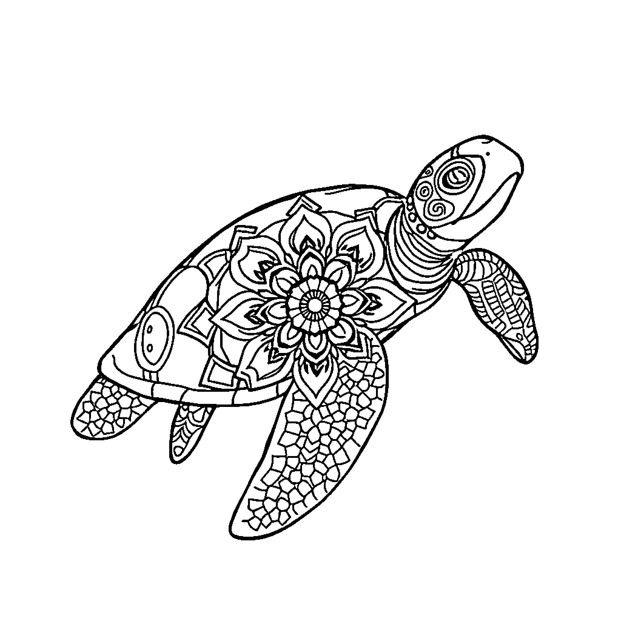 Turtle with ornate floral pattern Coloring Page (free black-and-white line drawing printable PDF for all, from beginners to advanced learners, including children, teens, adults, and seniors)